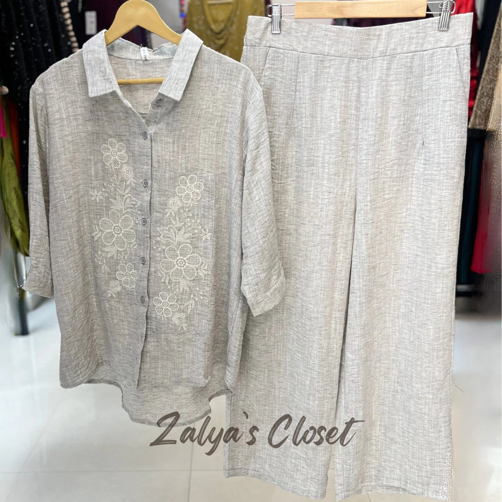 Linen Embroidered Co-ord Set - Grey image