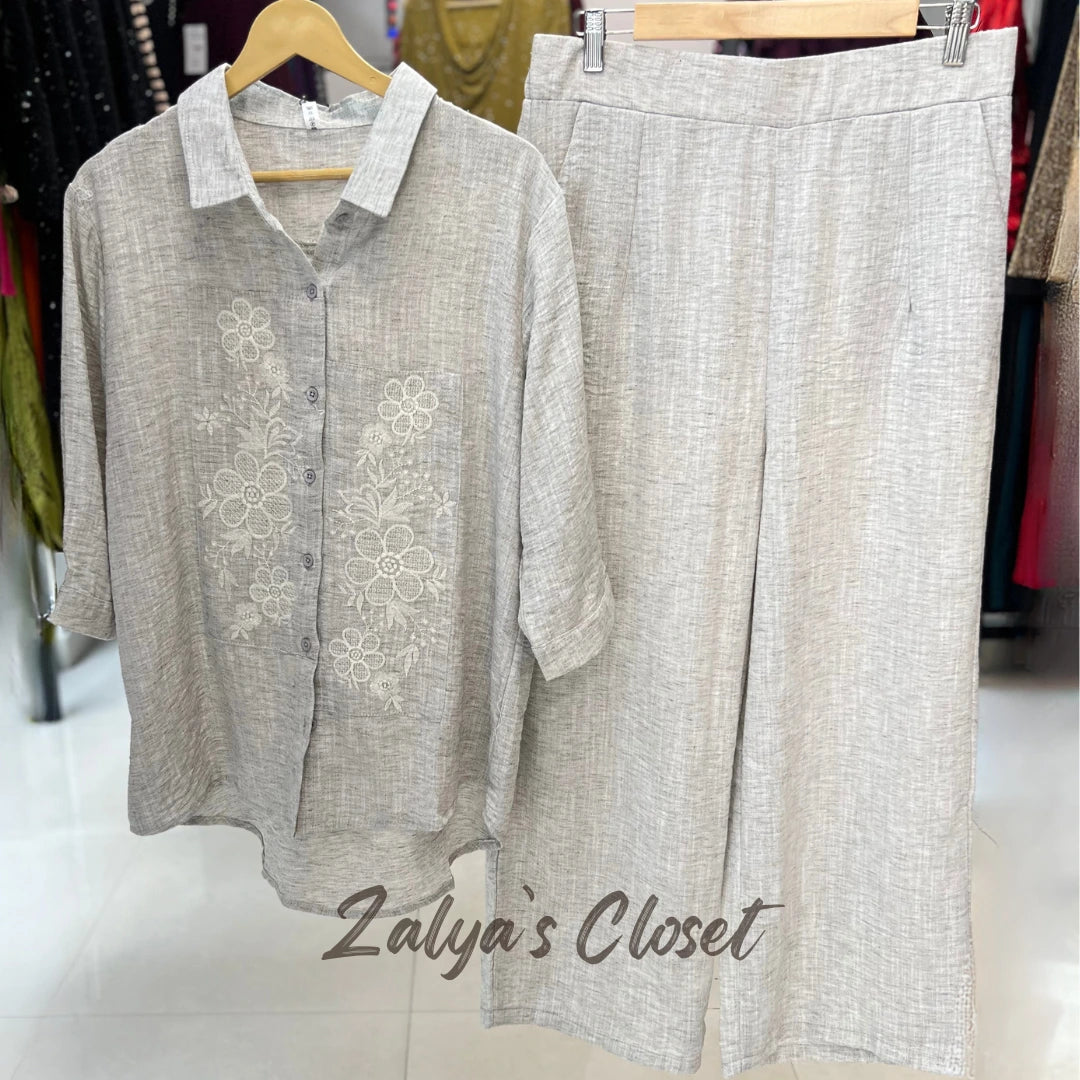 Linen Embroidered Co-ord Set - Grey image