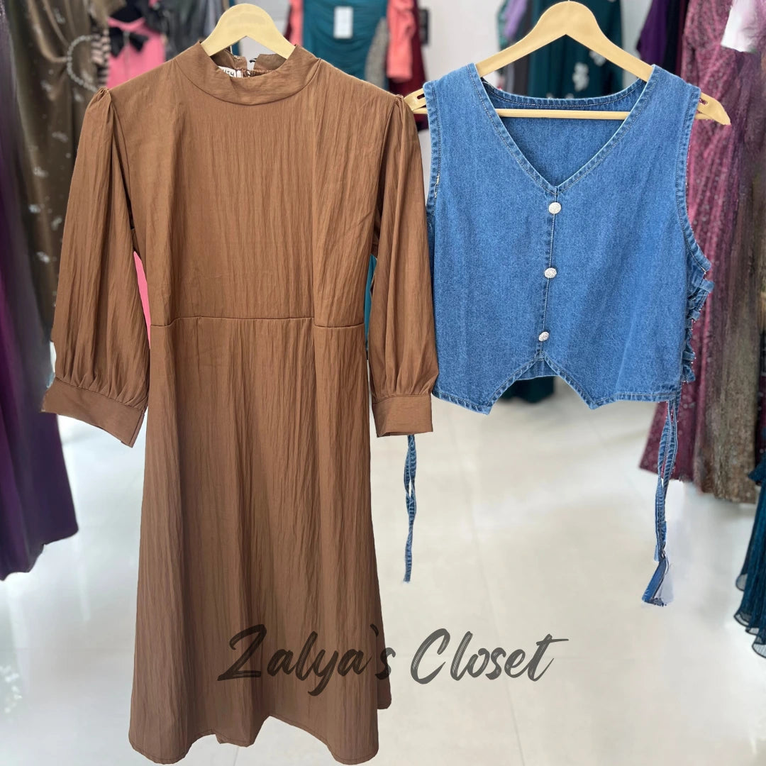 Long Dress with Denim Jacket on Top - Brown image