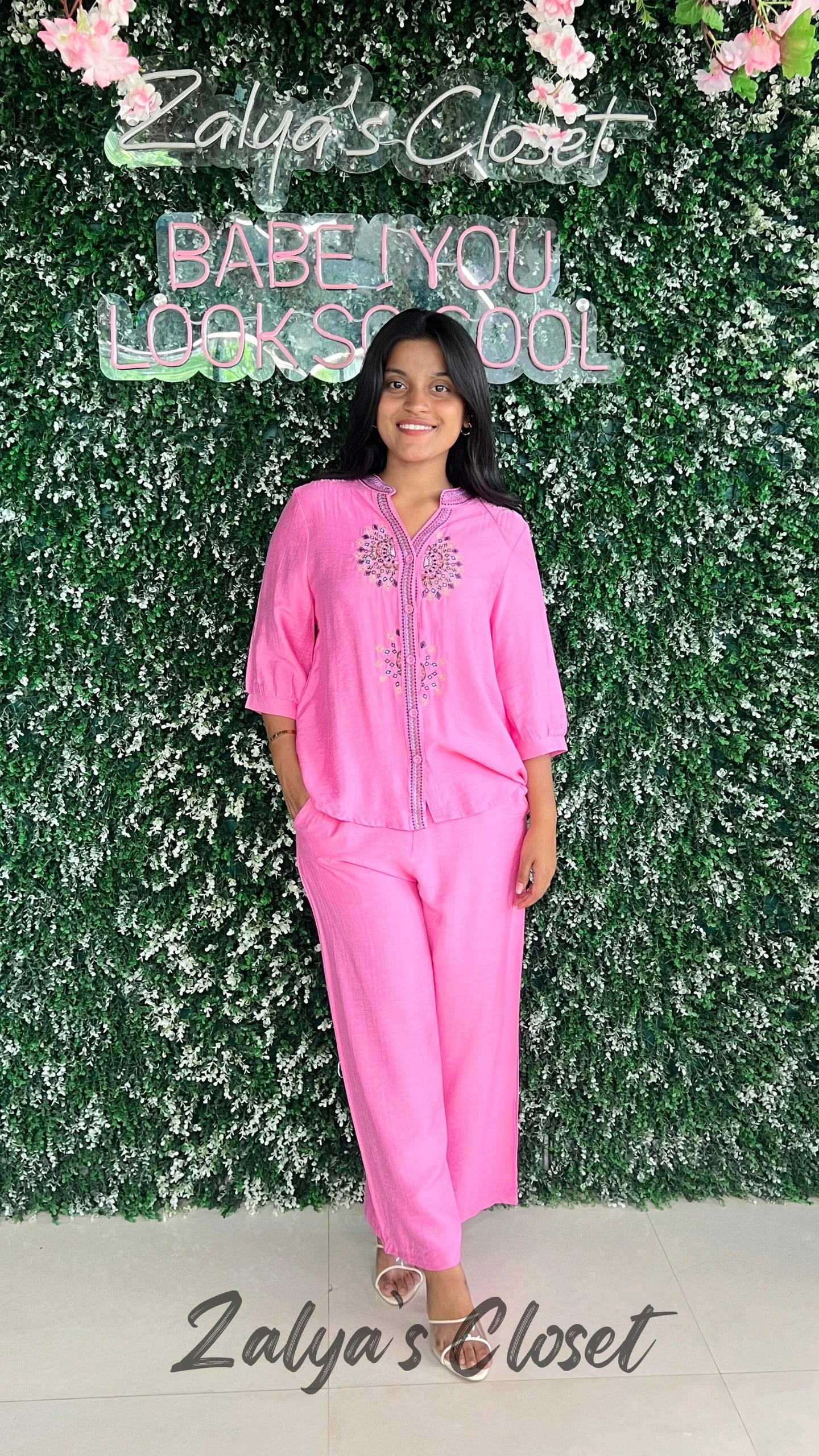 Front Embroidered Top and Pant Co-ord Set - Pink, 34 - 38 image