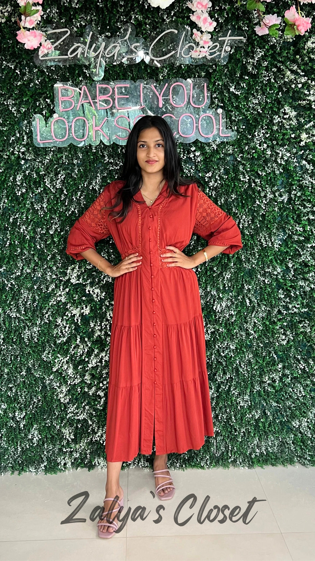 Imported Full Length Front Buttoned Dress - Red image