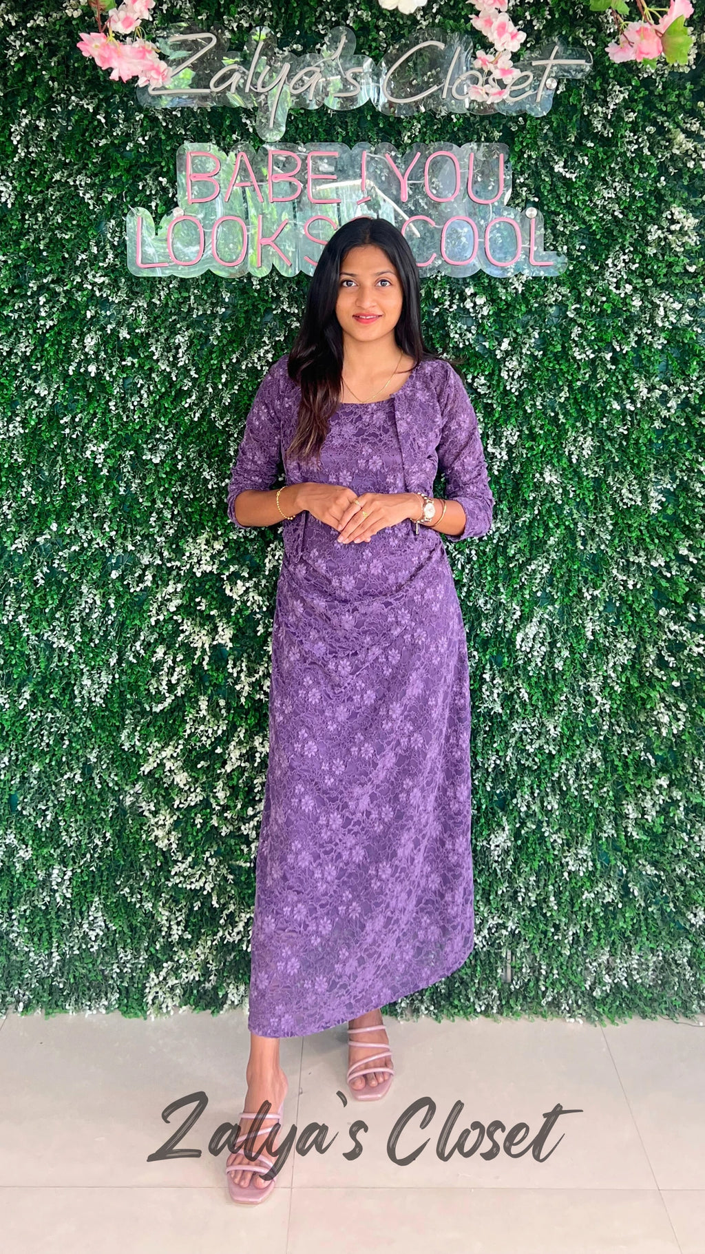 Imported Lace Design Slip Dress with Shrug - Purple image