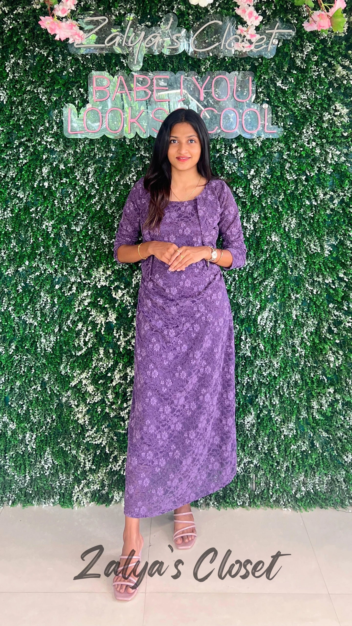 Imported Lace Design Slip Dress with Shrug - Purple image