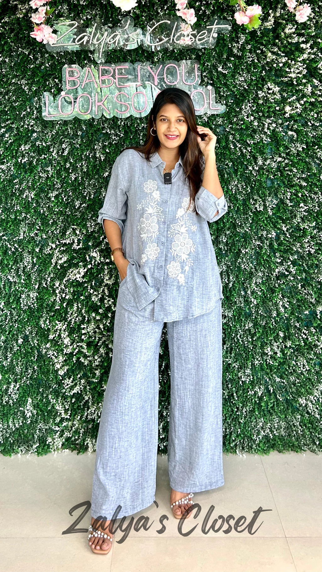 Linen Embroidered Co-ord Set - Blue image