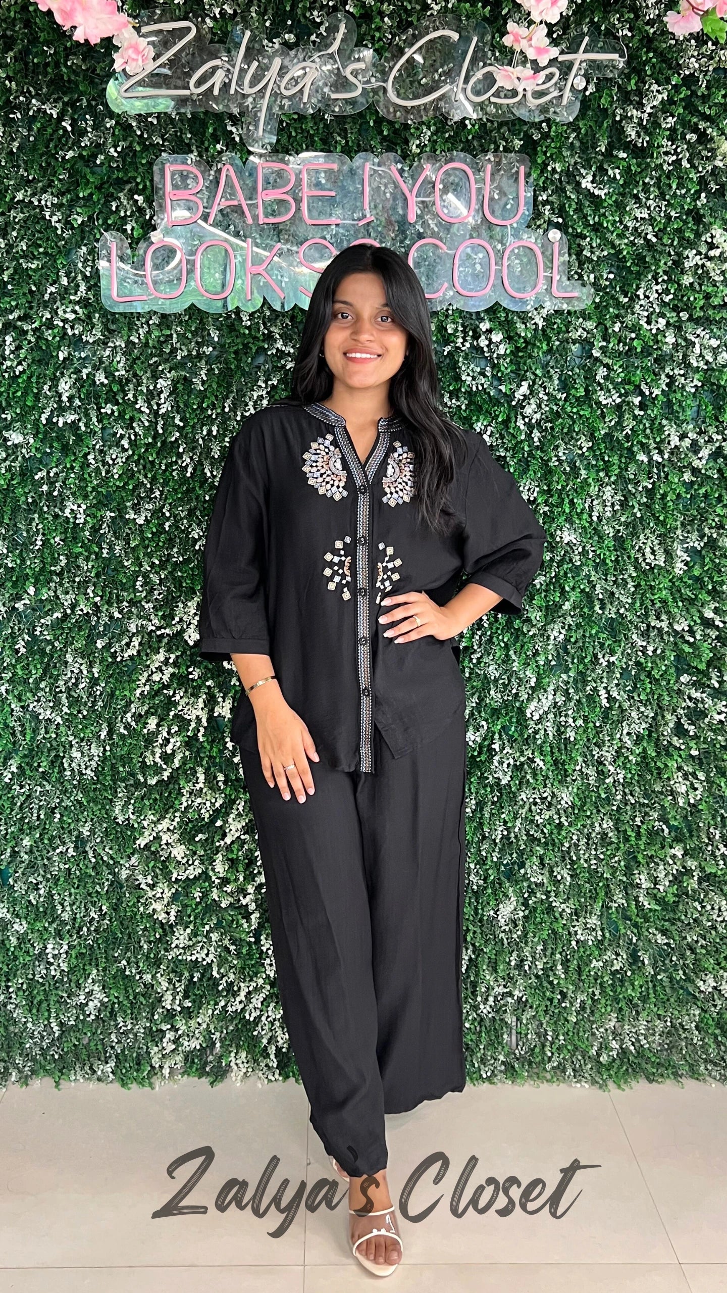 Front Embroidered Top and Pant Co-ord Set - Black, 38 - 42 image