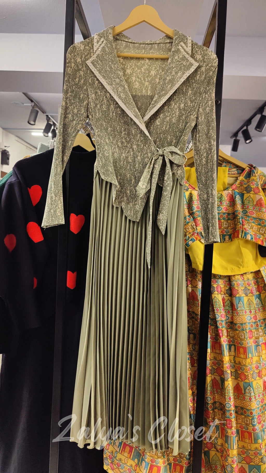 Imported Half Printed Pleated Magic Dress - Green image