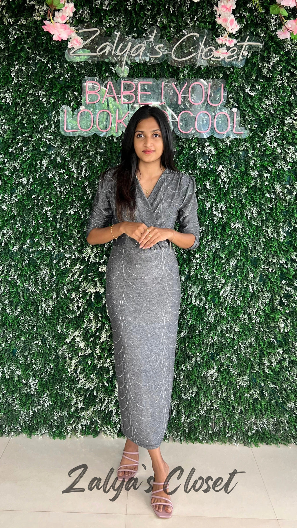 Full Stone Work V-neck Imported Dress - Silver image