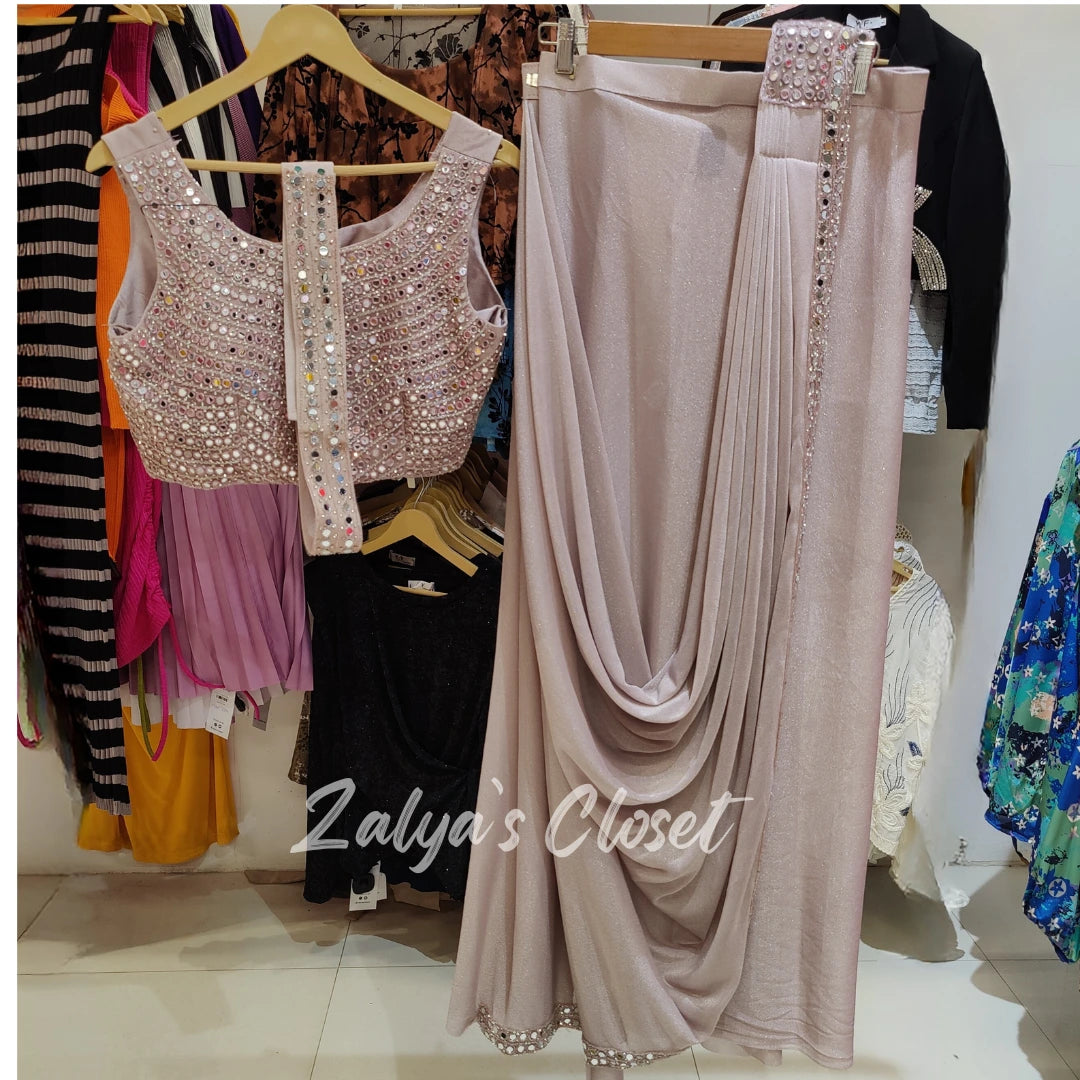 Mirror Work Blouse 1 min Saree - Light Pink image