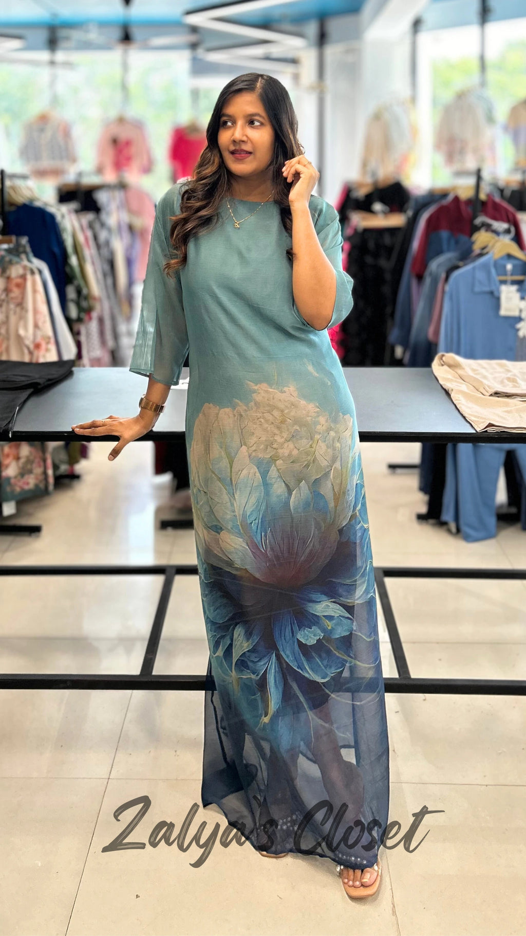 Imported Bottom Printed Plus Size Tunic Dress - Blue image