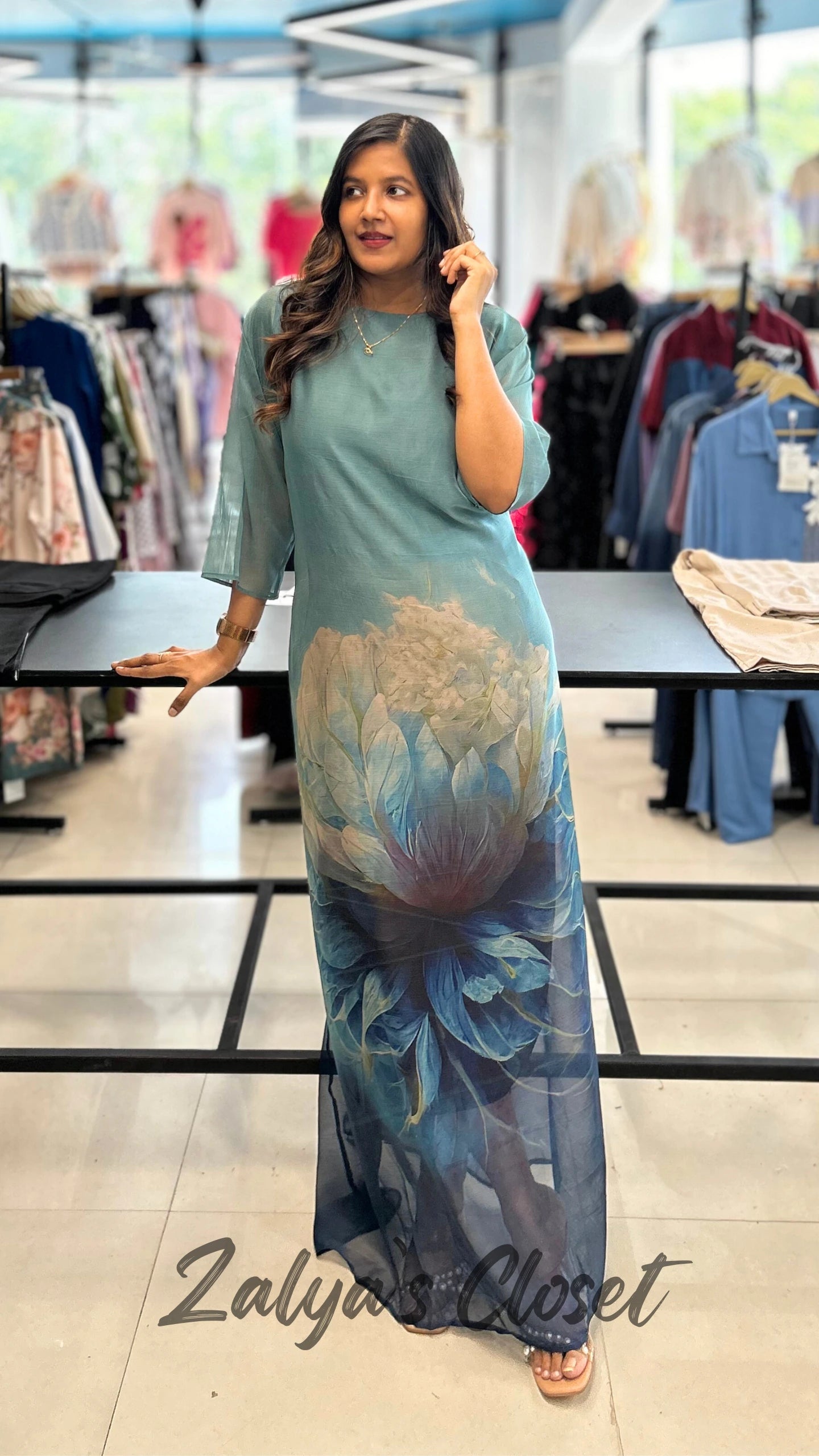 Imported Bottom Printed Plus Size Tunic Dress - Blue image