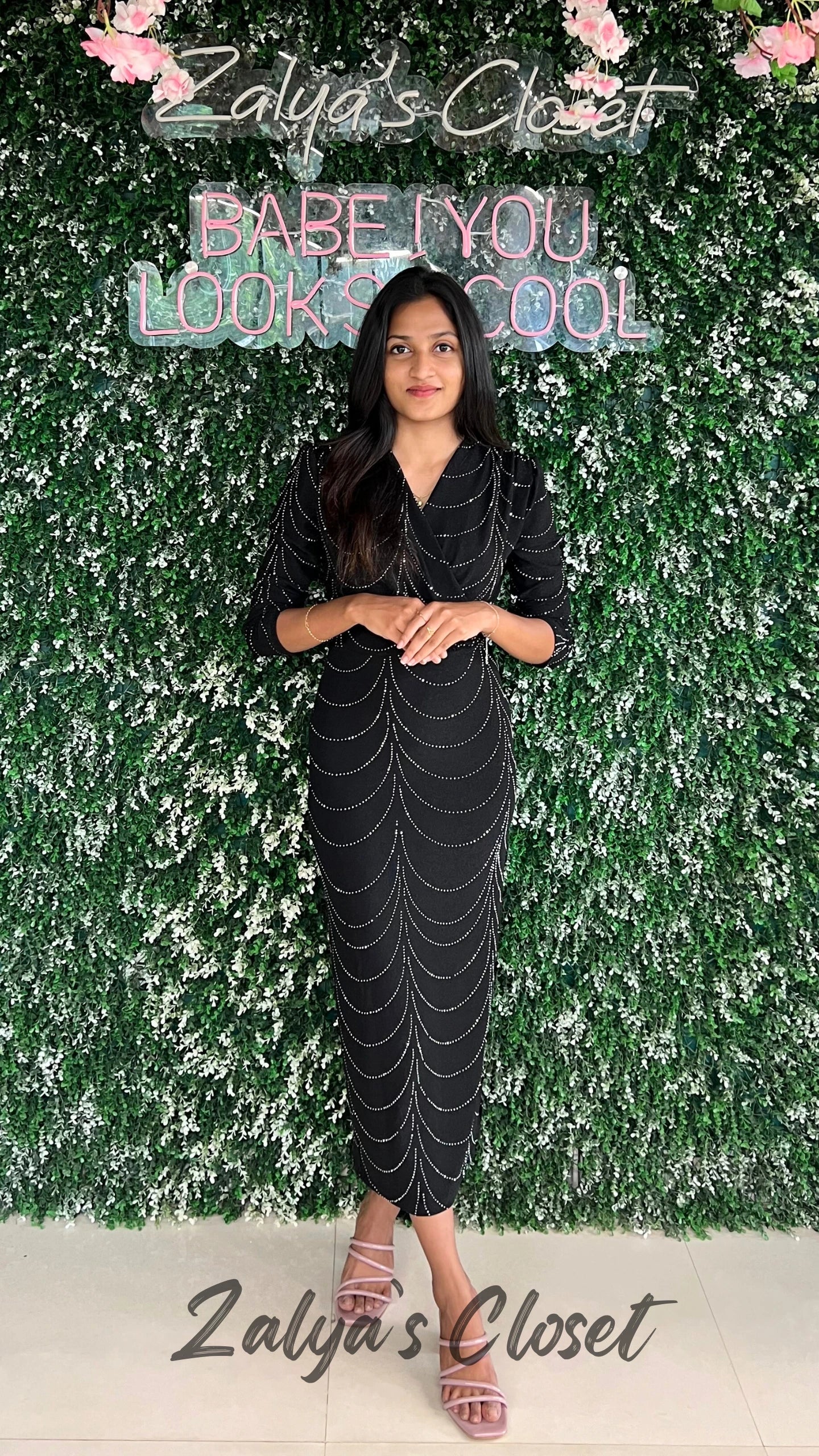 Full Stone Work V-neck Imported Dress - Black image