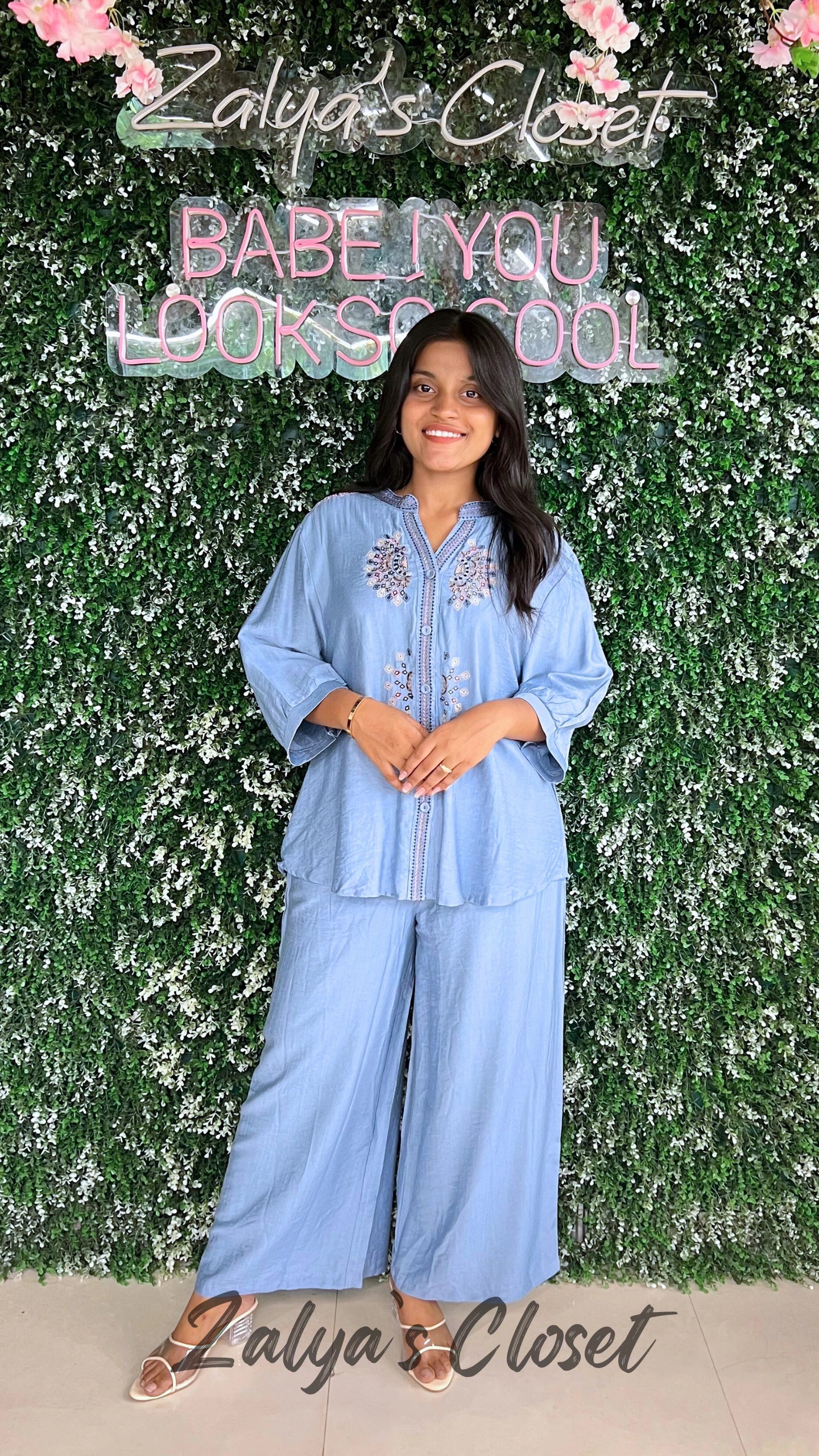 Front Embroidered Top and Pant Co-ord Set - Blue, 38 - 42 image