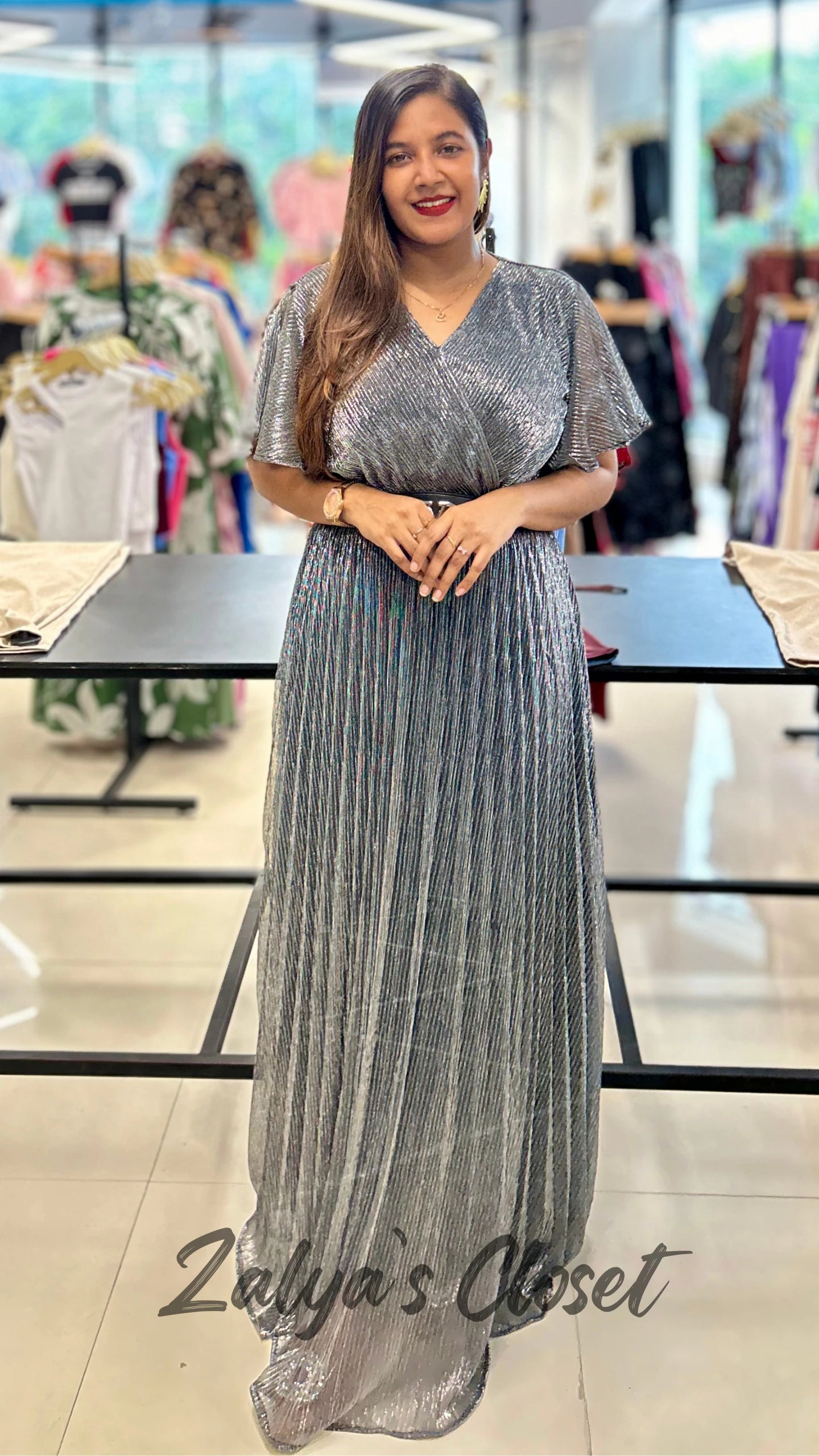 Ruffle Sleeves Long Party Wear Gown with Belt