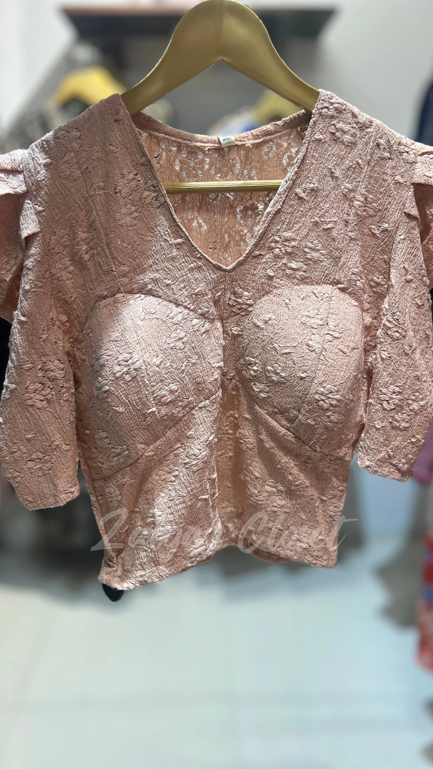 Puff Sleeve Padded Crochet Top - Peach image