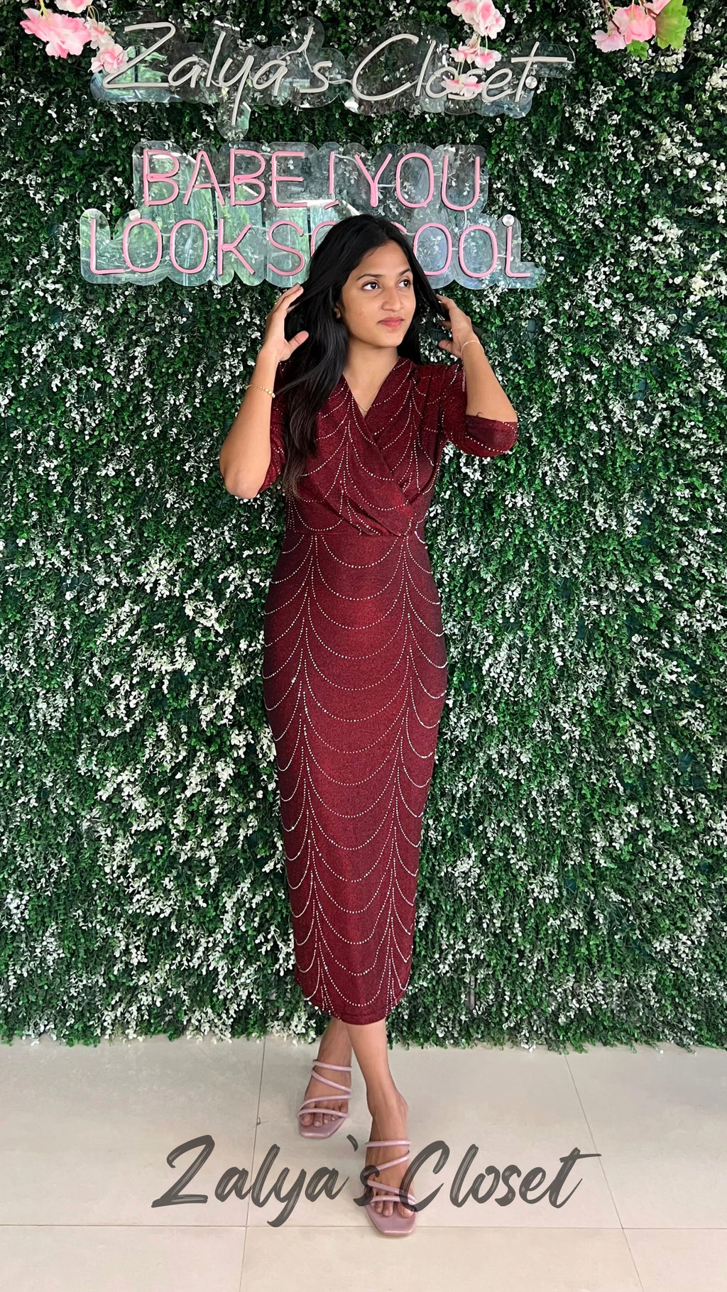 Full Stone Work V-neck Imported Dress - Red image