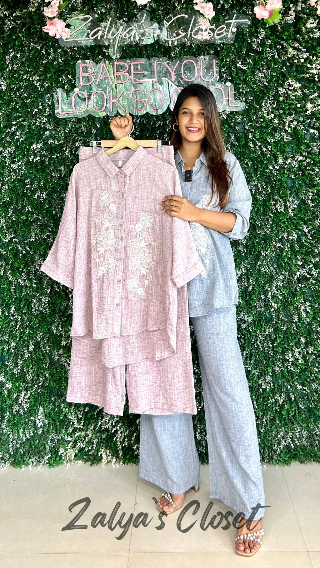 Linen Embroidered Co-ord Set - Pink image