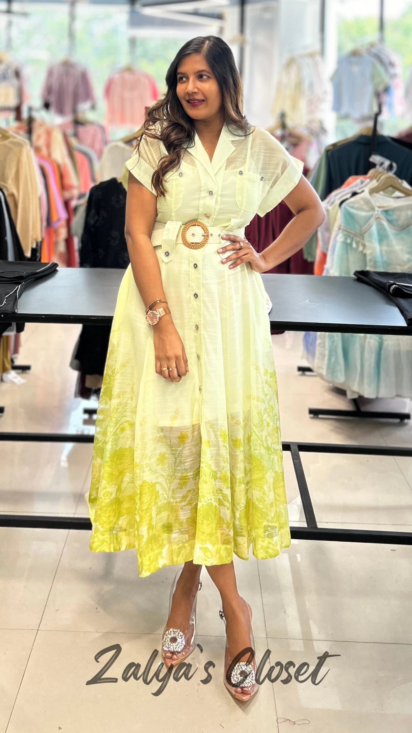 Imported Printed Dress with Inner and Belt - Green image