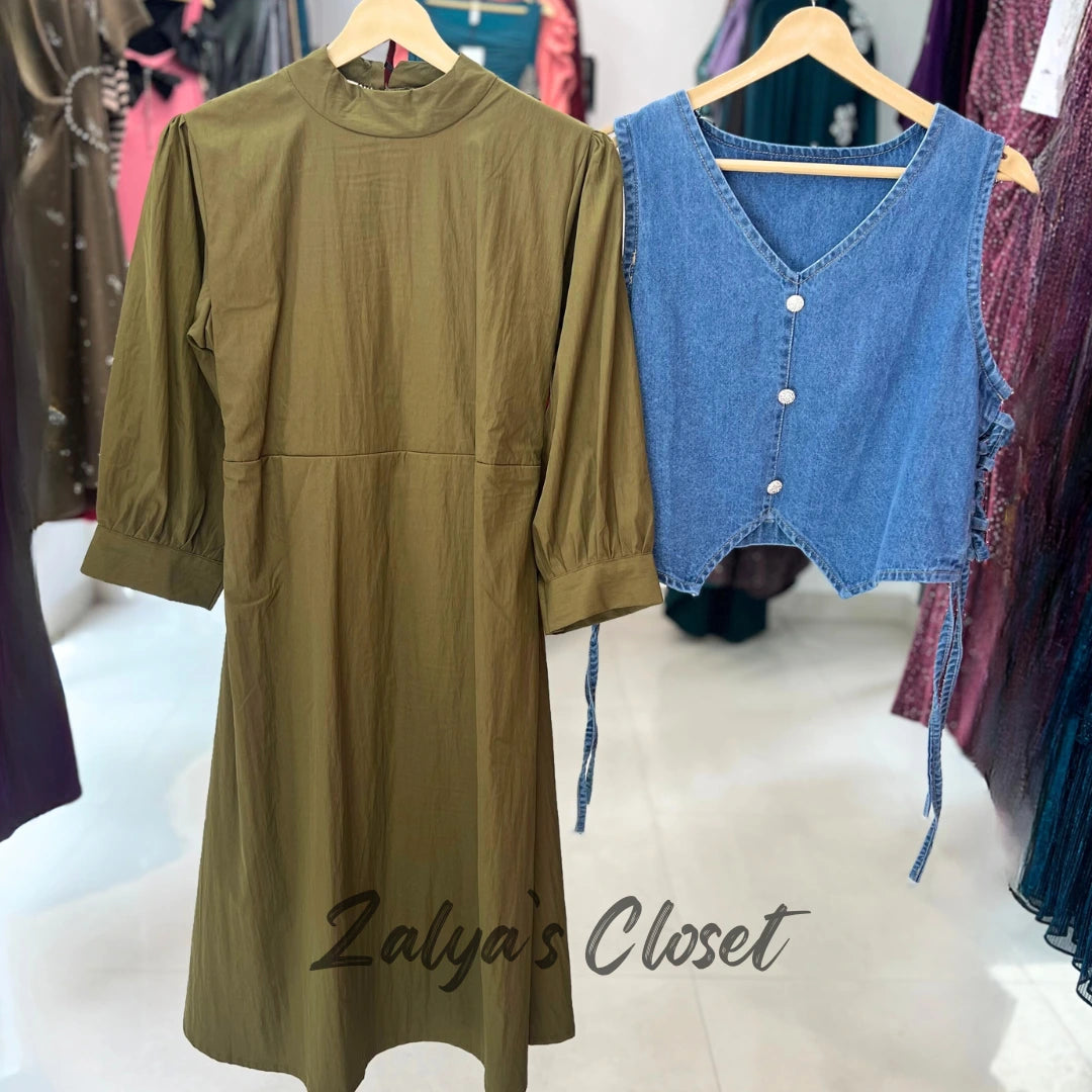 Long Dress with Denim Jacket on Top - Green image