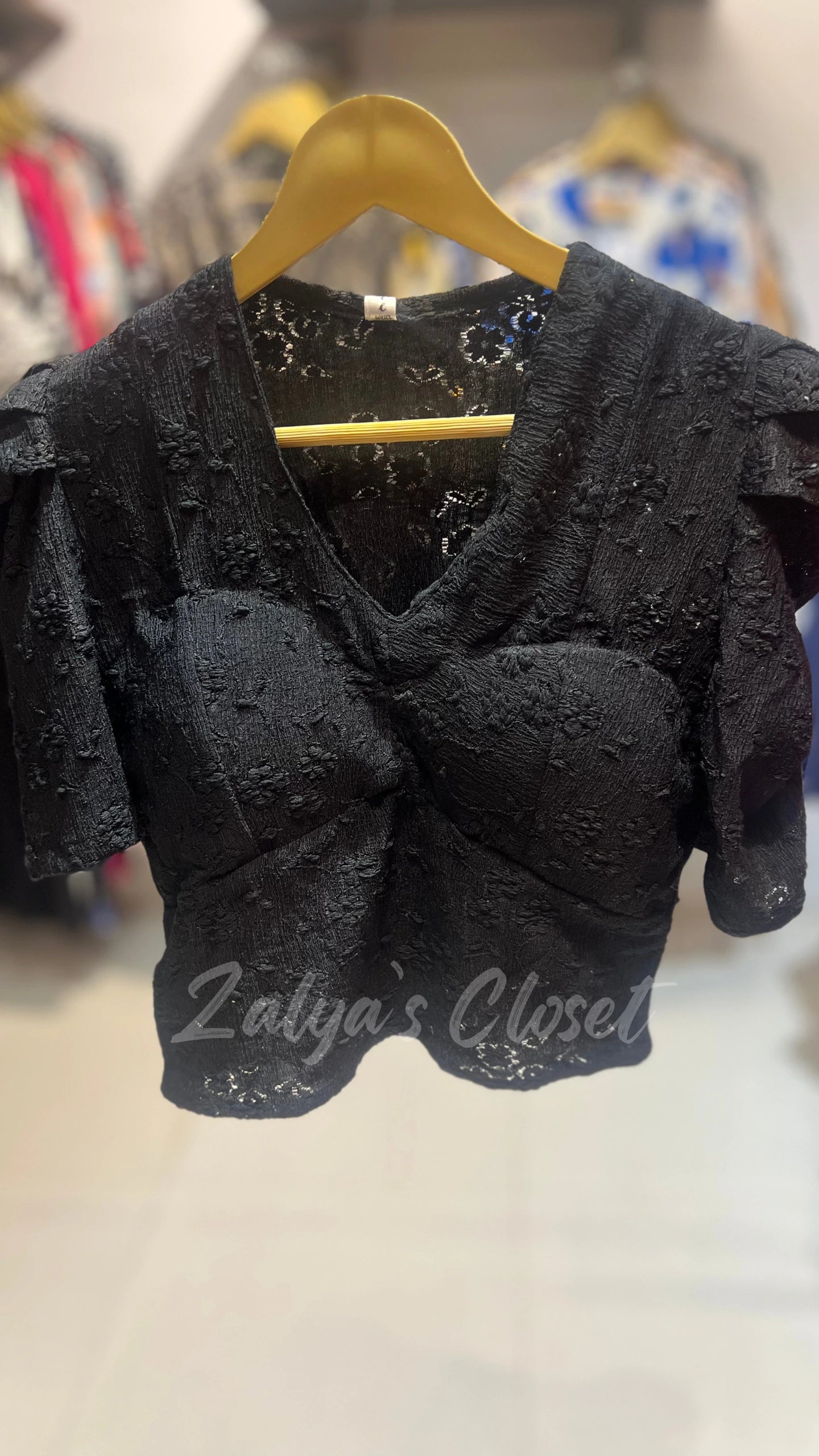 Puff Sleeve Padded Crochet Top - Black image