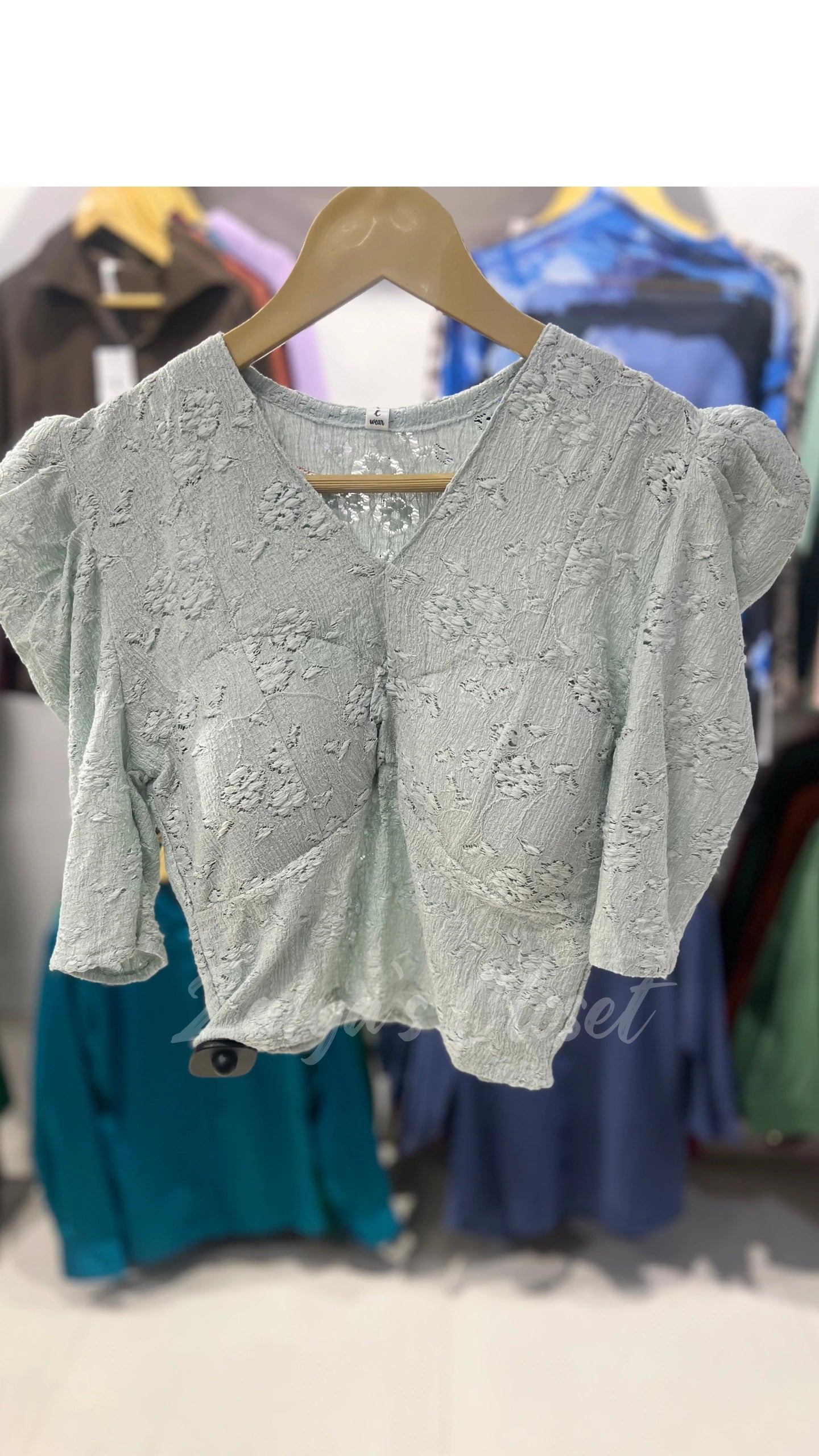 Puff Sleeve Padded Crochet Top - Green image