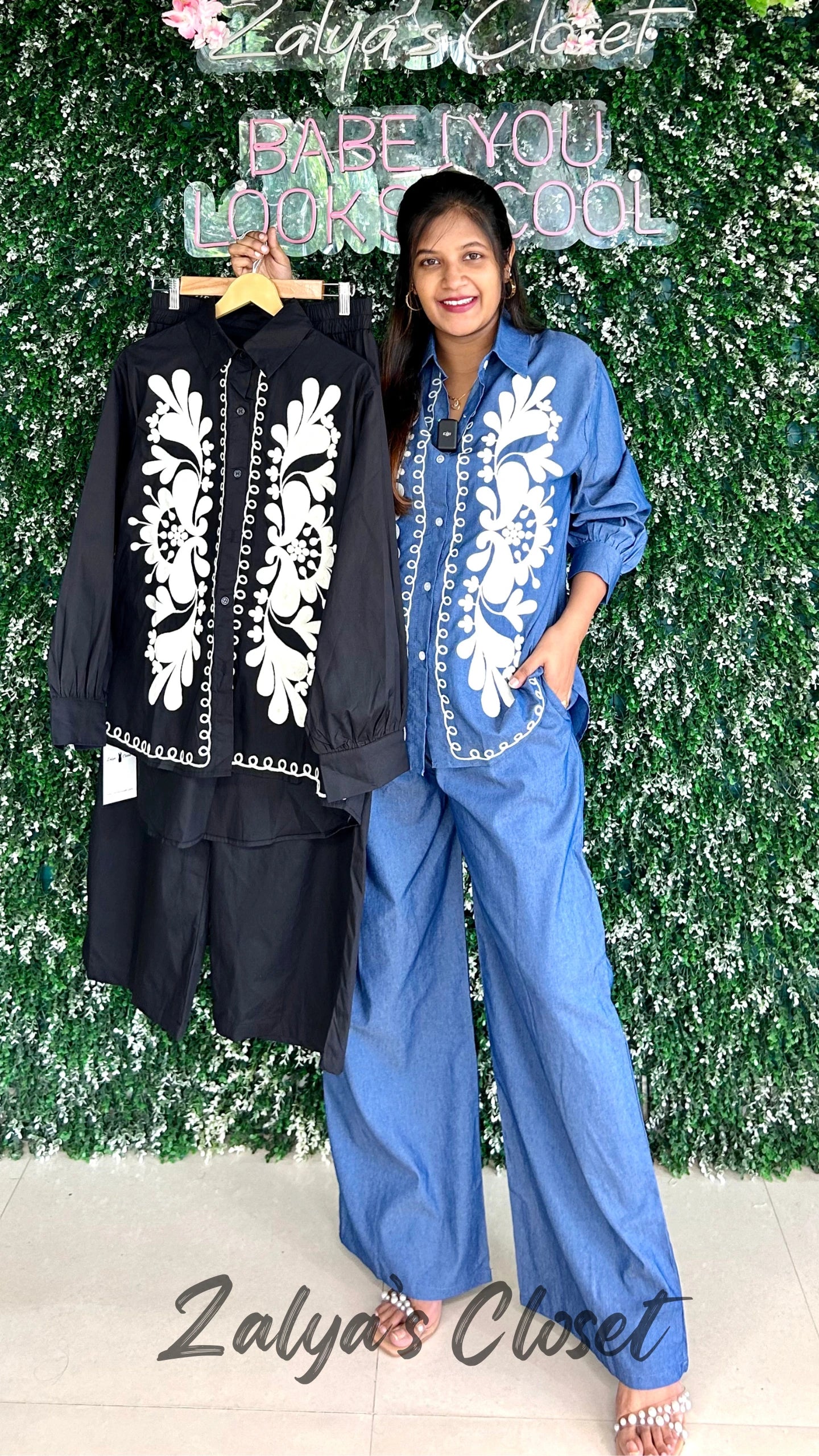 Imported Denim Co-ord Set with Embroidery Detailing - Black image