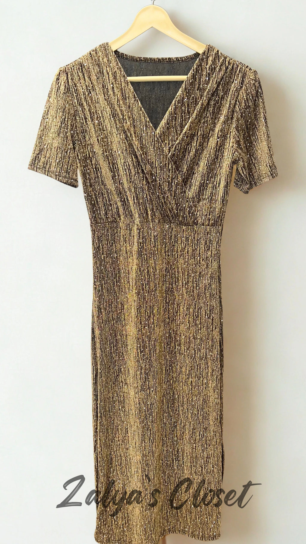 Full Stone Work Imported Dress with Metallic Belt - Gold image