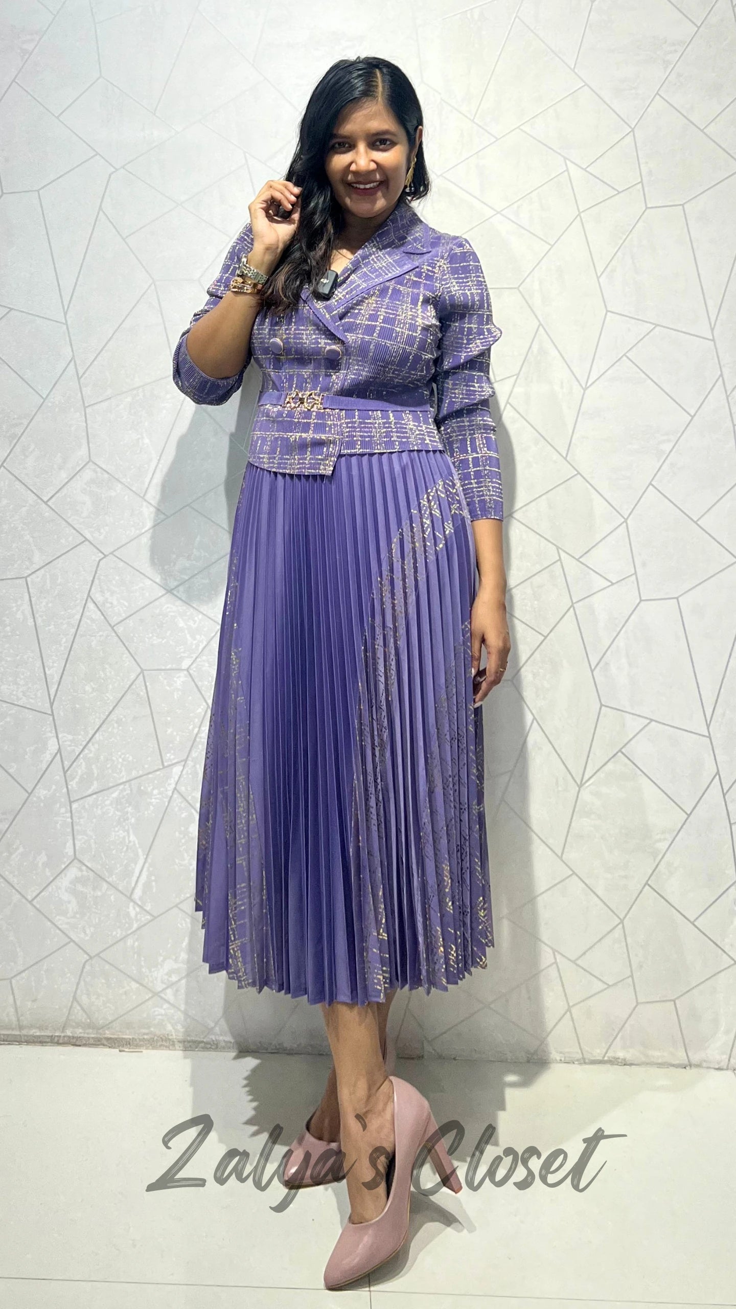 Imported Foil Printed with attached belt Magic Dress - Purple image