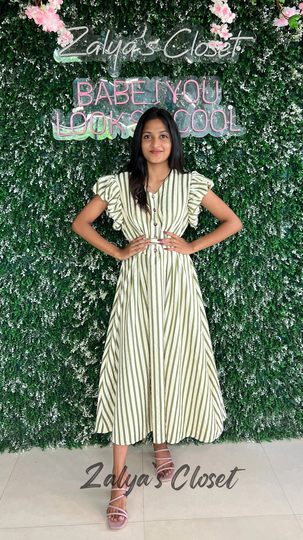 Imported Korean Striped Dress - Green image