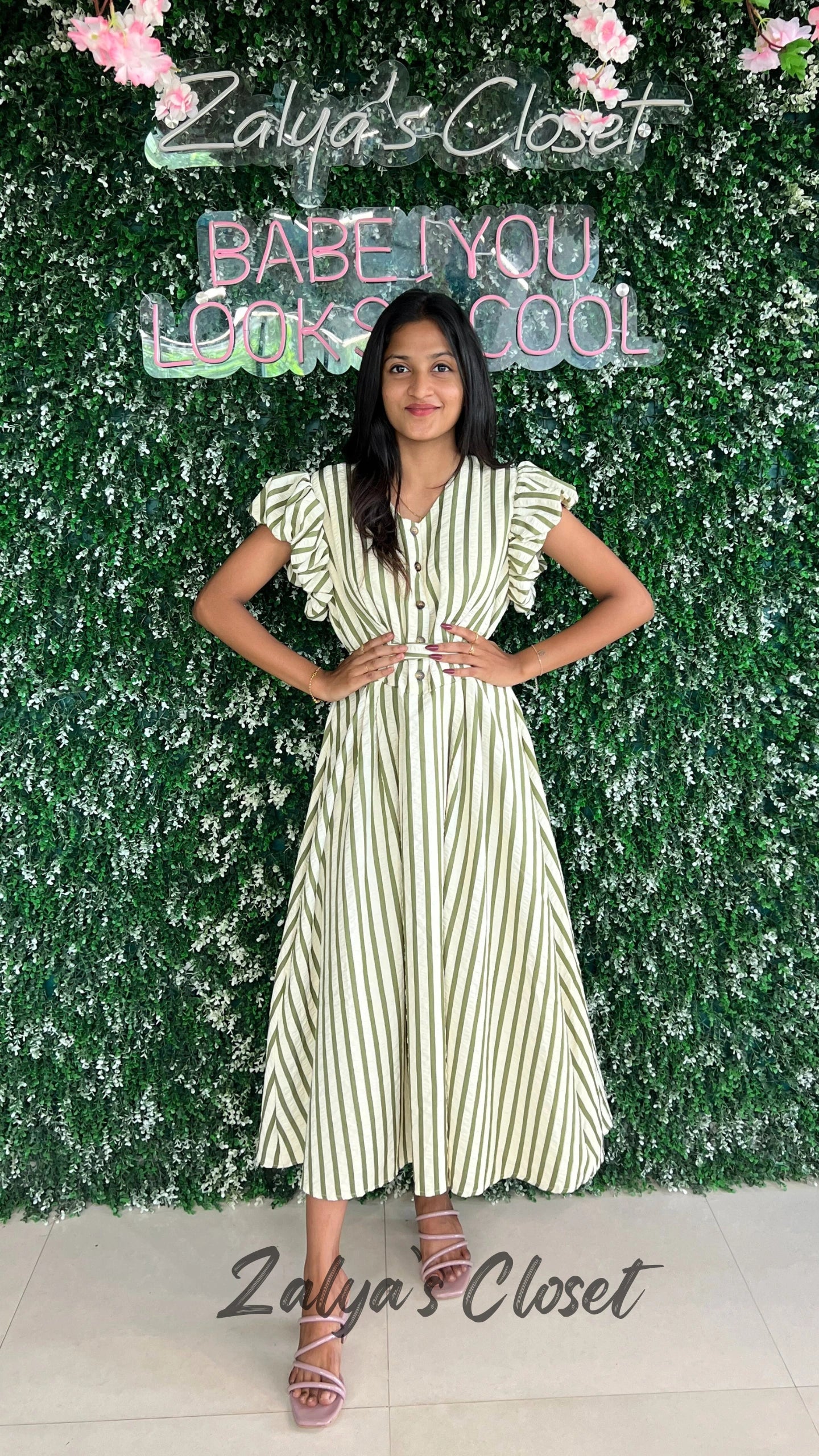 Imported Korean Striped Dress - Green image