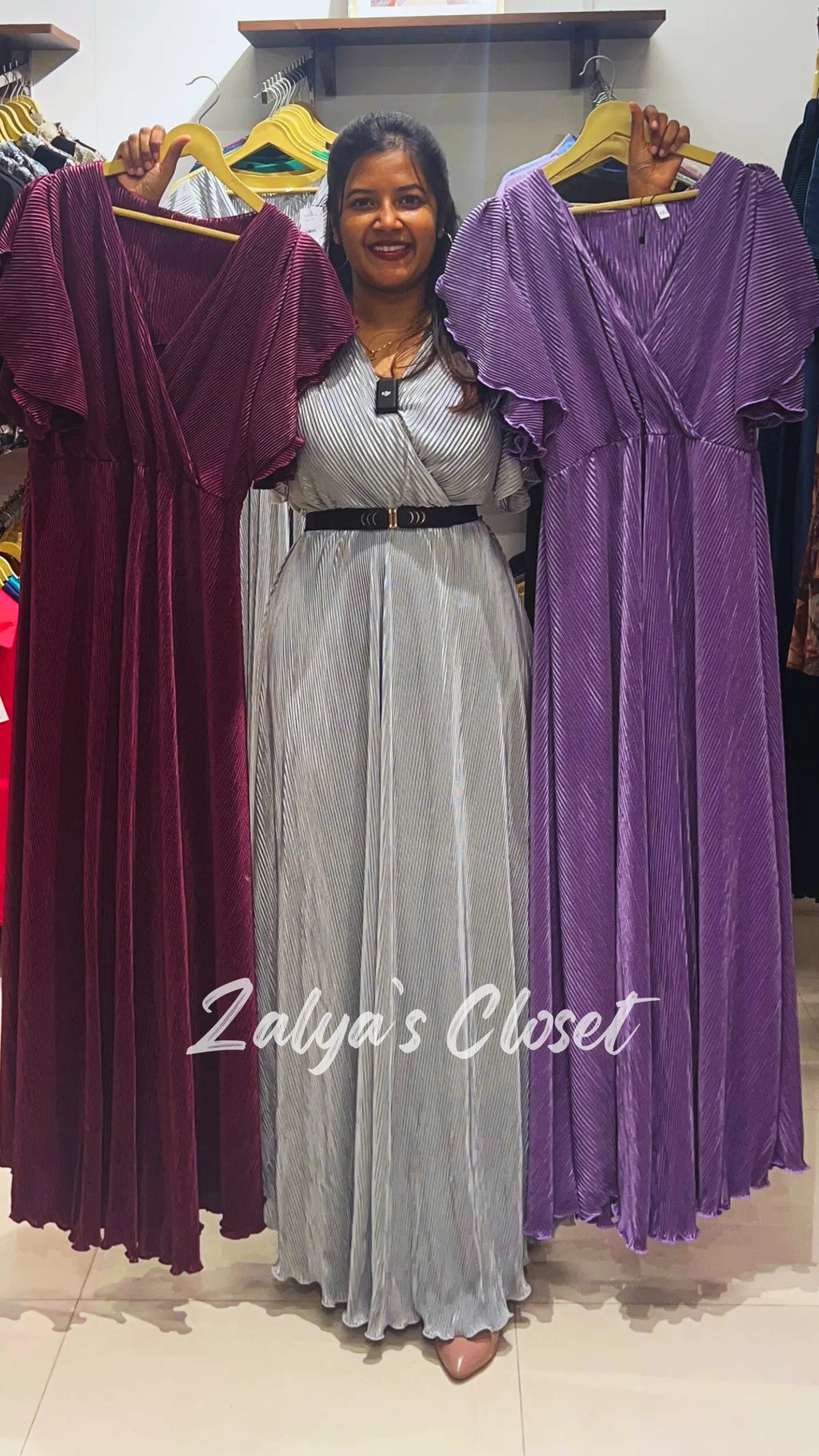 Pleated Ruffle Sleeve Long Dress - Purple, 38 - 42 image