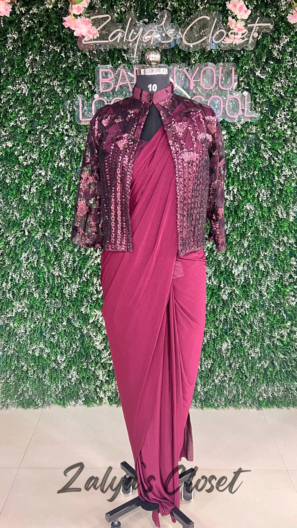 Jacket Style Predraped Saree - Maroon image