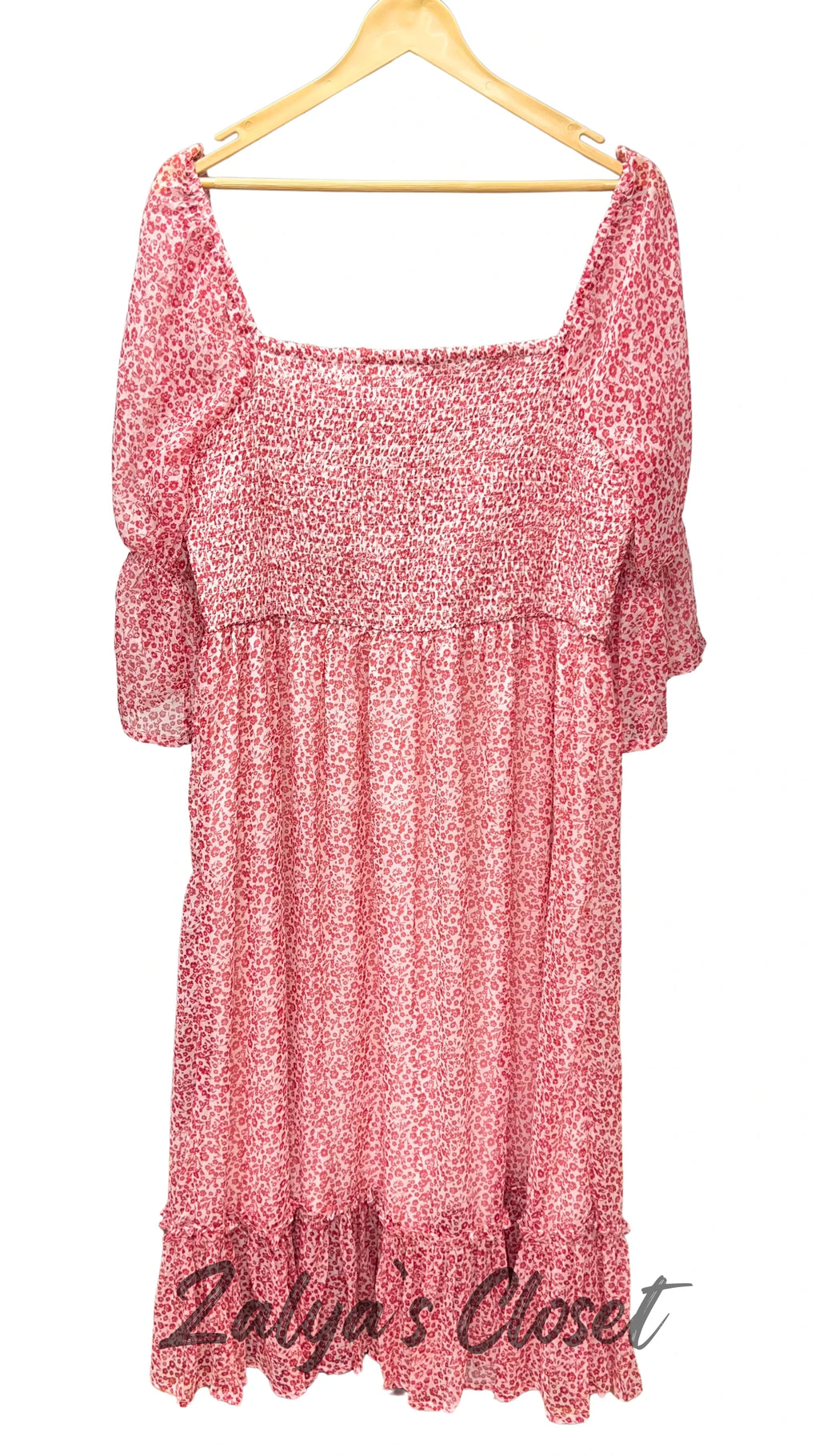 Red Floral Printed Smocking Dress image 2