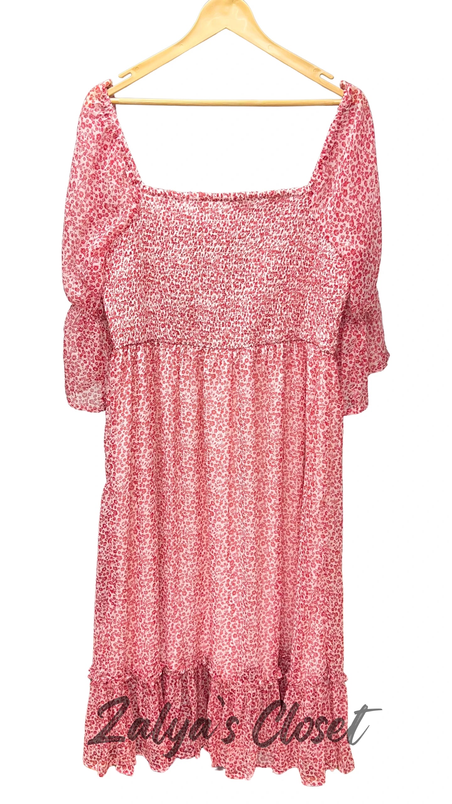 Red Floral Printed Smocking Dress image 2