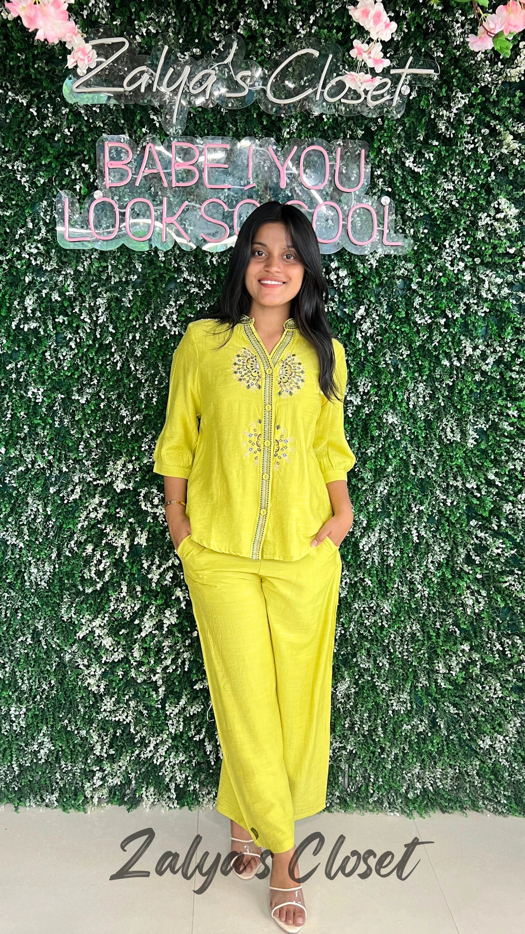 Front Embroidered Top and Pant Co-ord Set - Green, 38 - 42 image