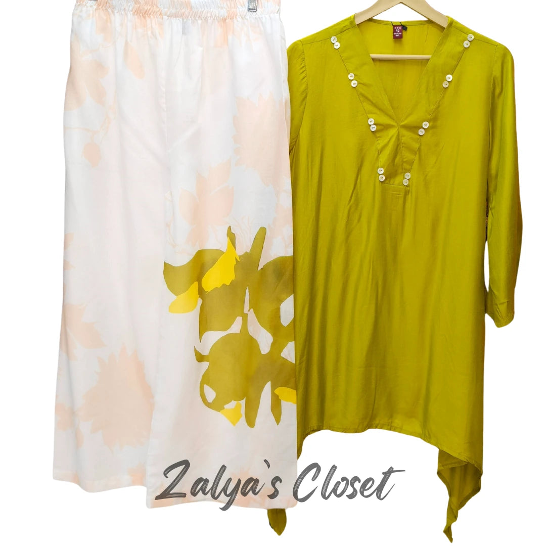 Flower Printed Asymmetrical Co-ord Set - Green, 34 - 38 image