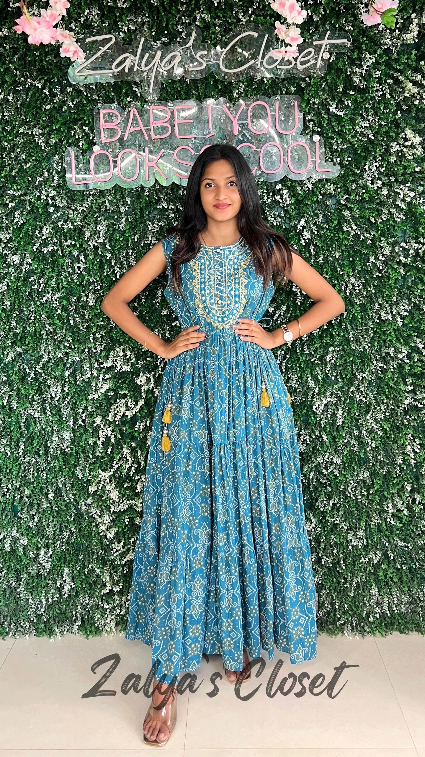 Blue Cotton Gown with Yolk Work image 2