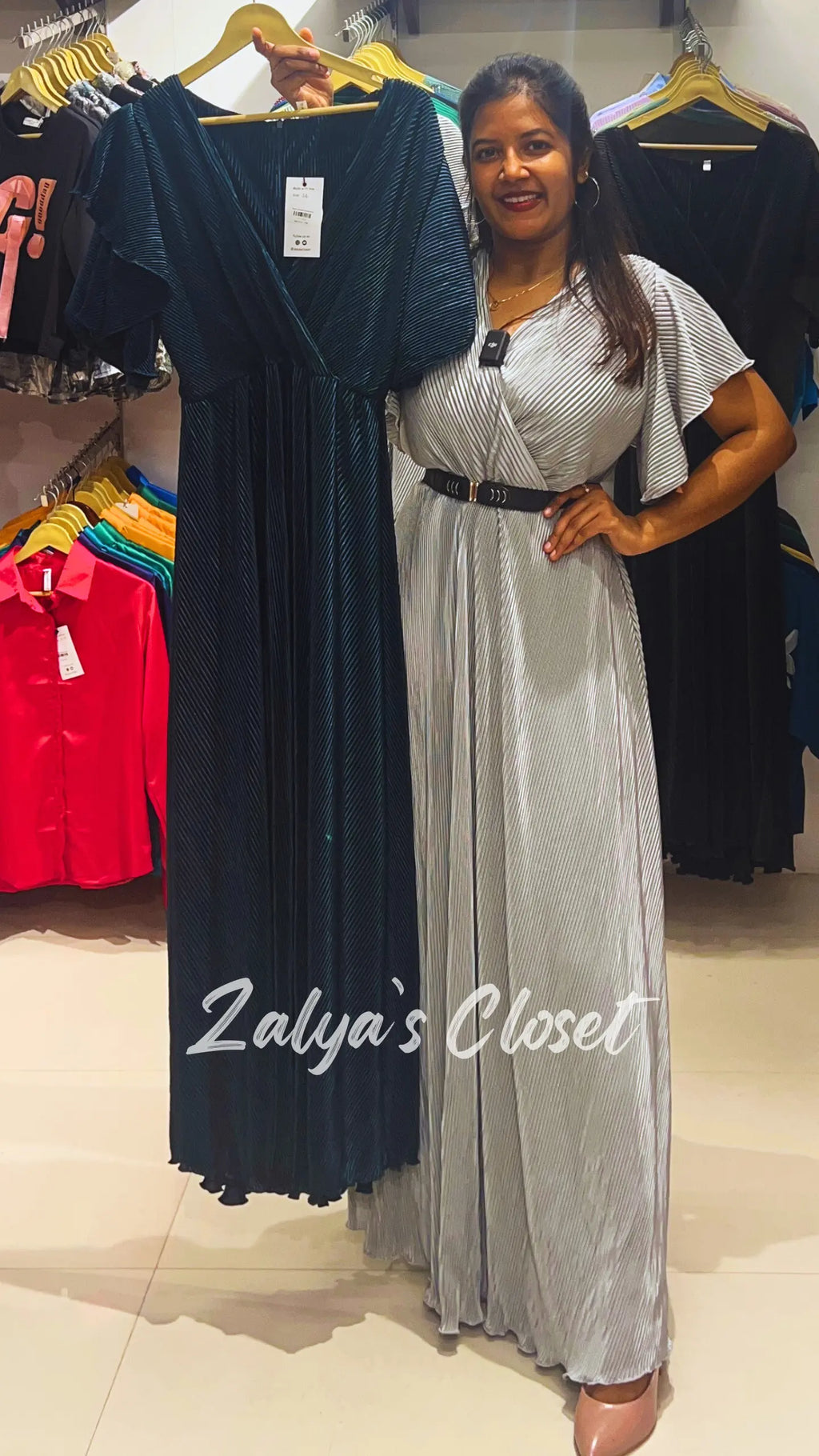 Pleated Ruffle Sleeve Long Dress - Green, 34 - 38 image