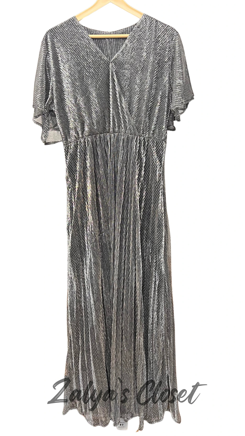 Ruffle sleeves long party wear gown with belt - Silver, 34 - 38 image