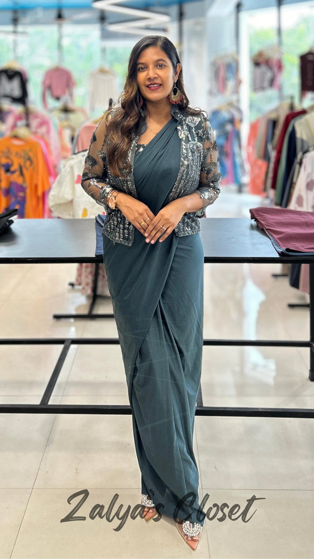 Jacket Style Predraped Saree - Green image