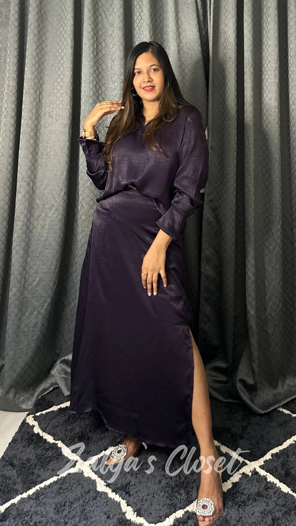 Deep Purple Satin Skirt Co-ord Set