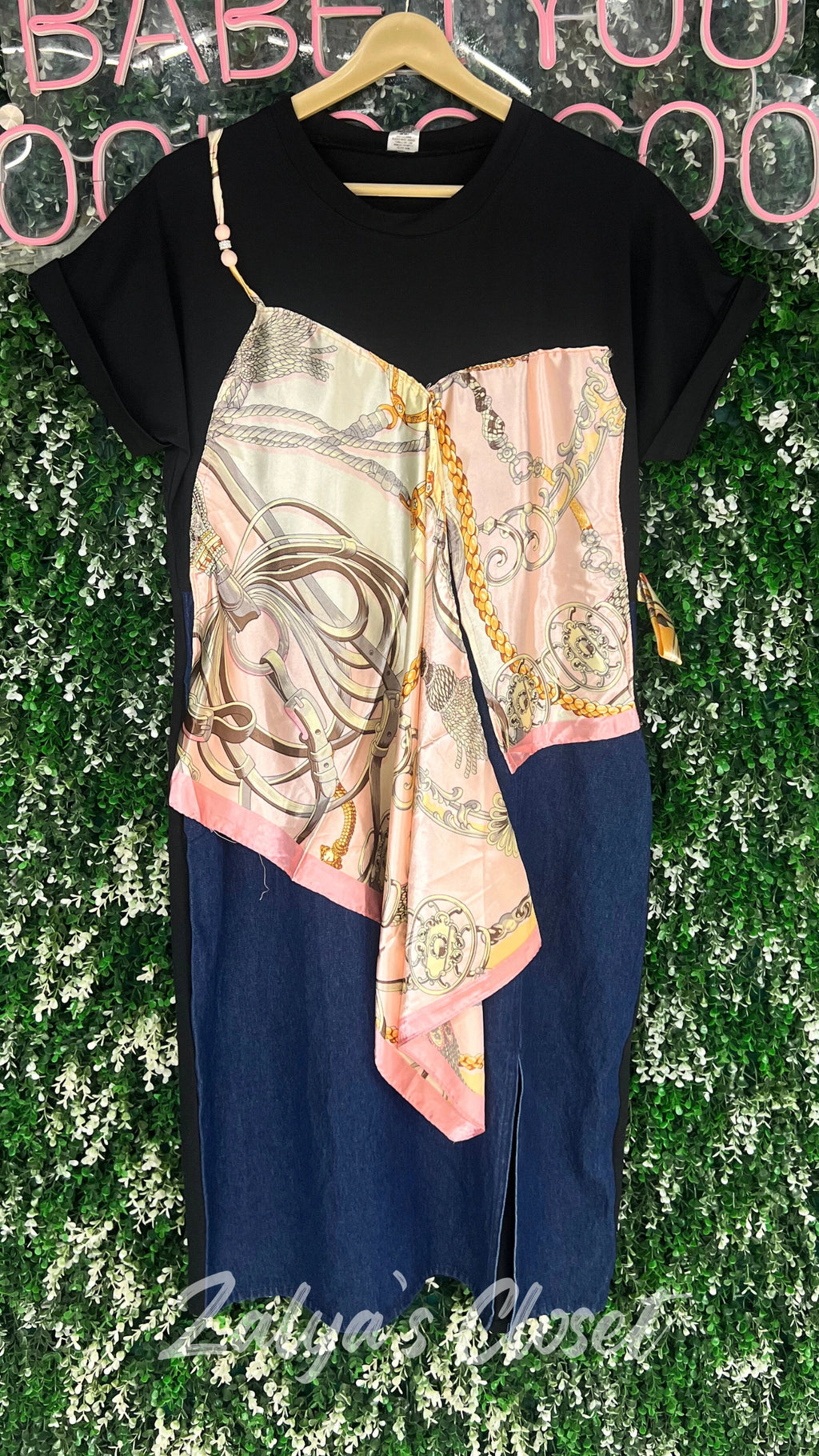 Denim dress with scarf design