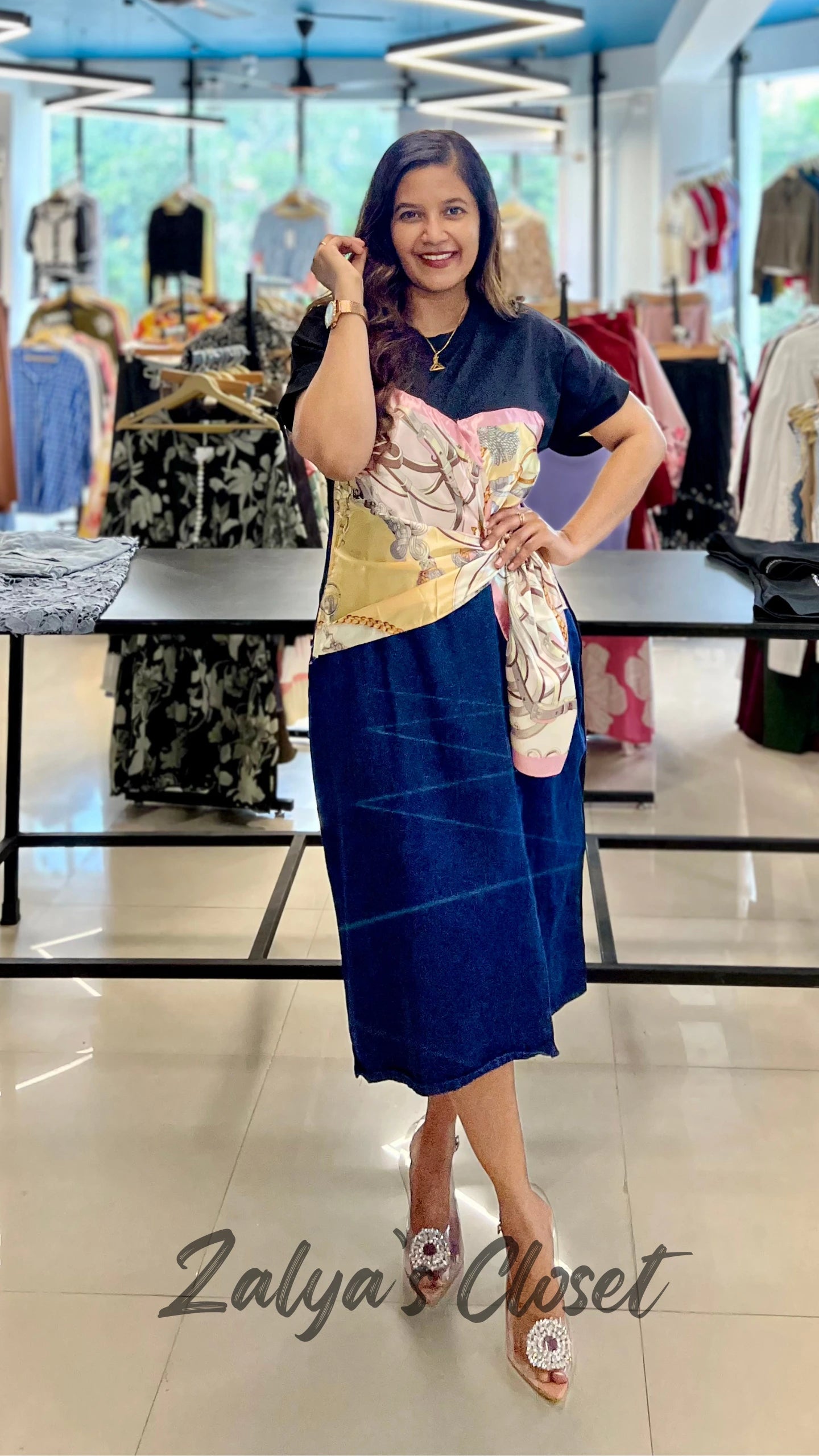 Denim dress with scarf design