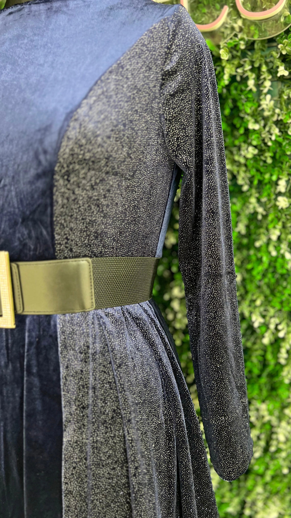 Half Shimmer Velvet Imported Party Wear Dress With Belt