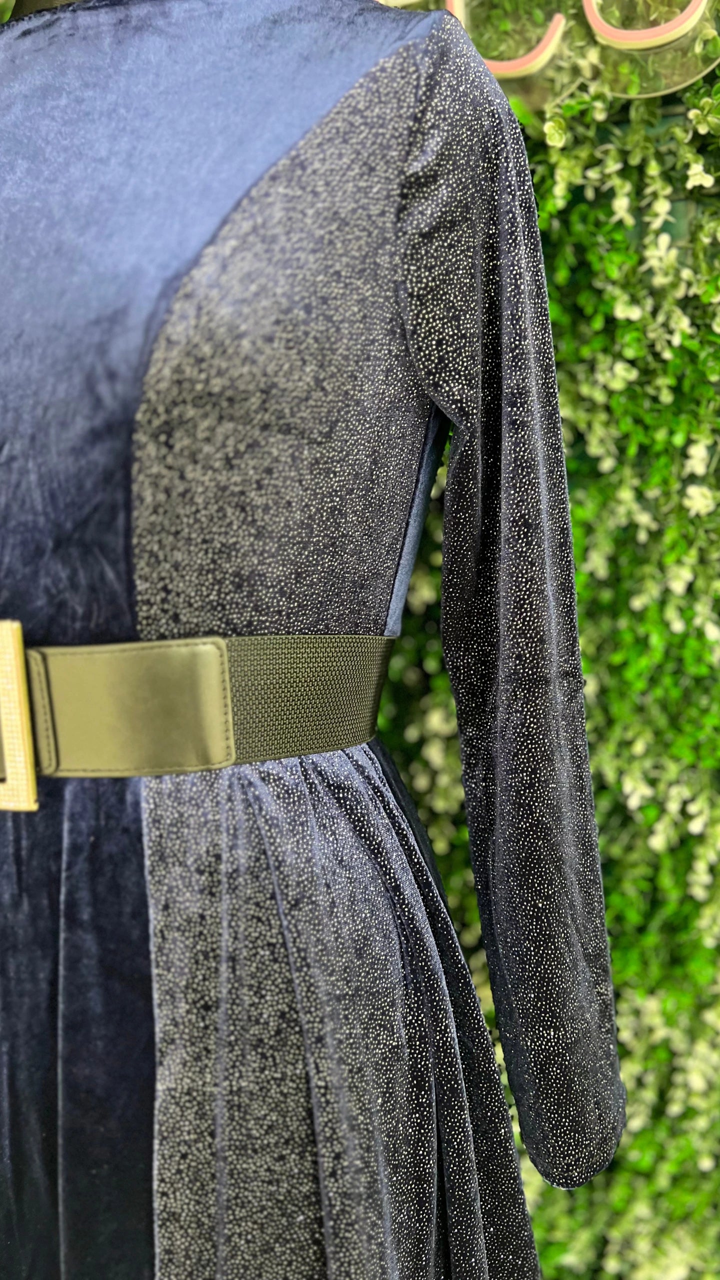 Half Shimmer Velvet Imported Party Wear Dress With Belt