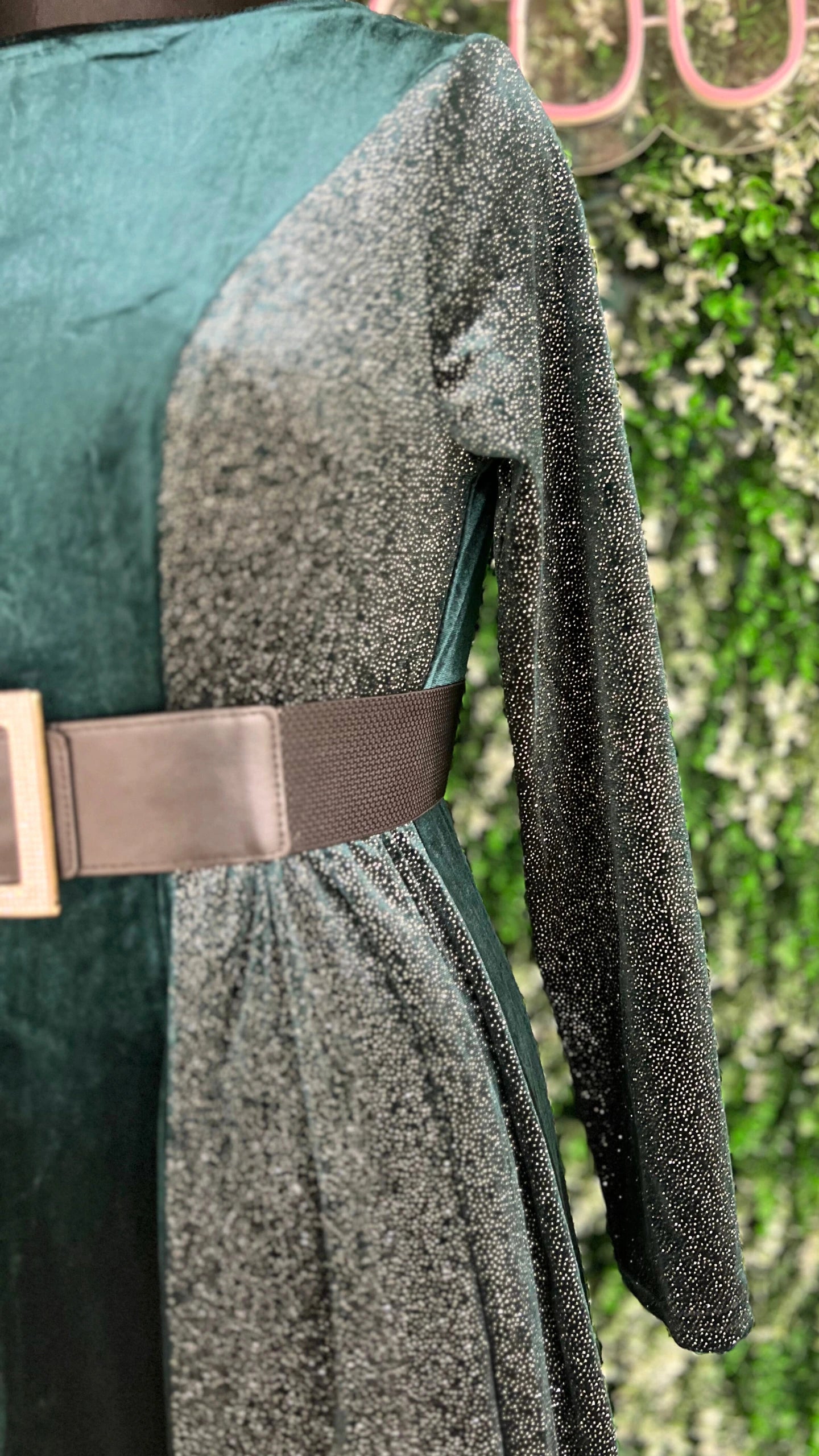 Half Shimmer Velvet Imported Party Wear Dress With Belt