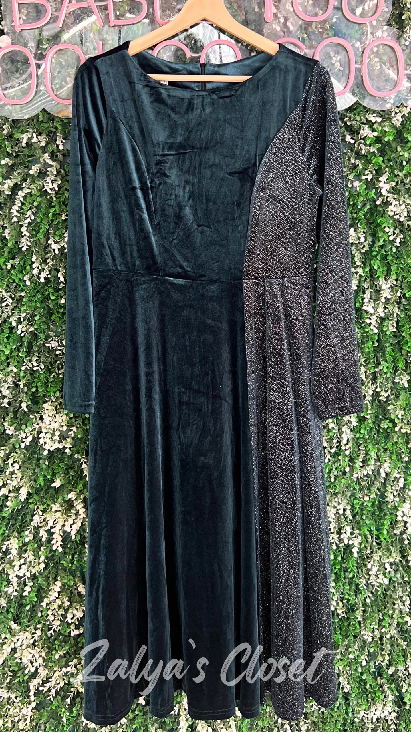 Half Shimmer Velvet Imported Party Wear Dress With Belt