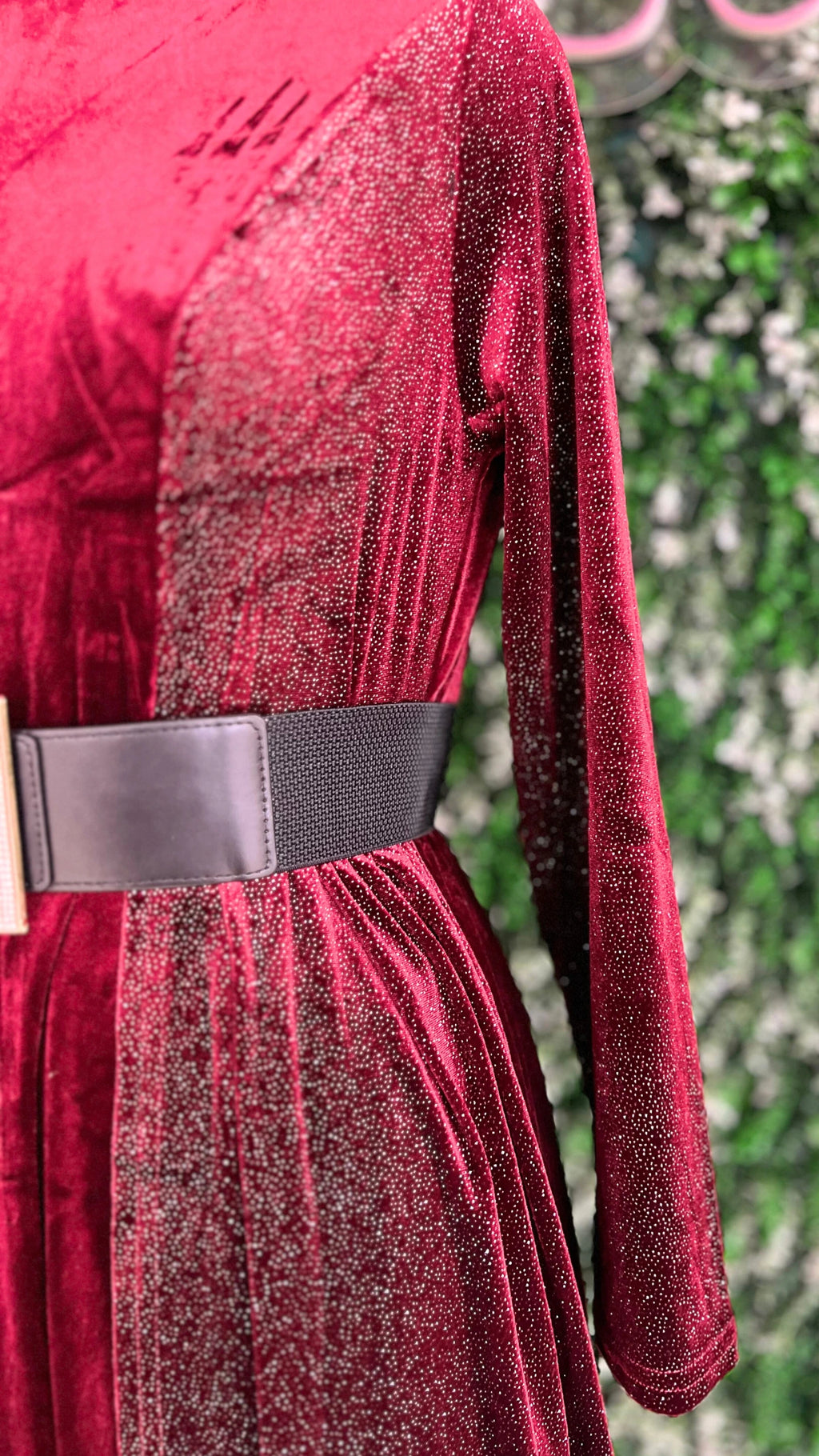 Half Shimmer Velvet Imported Party Wear Dress With Belt