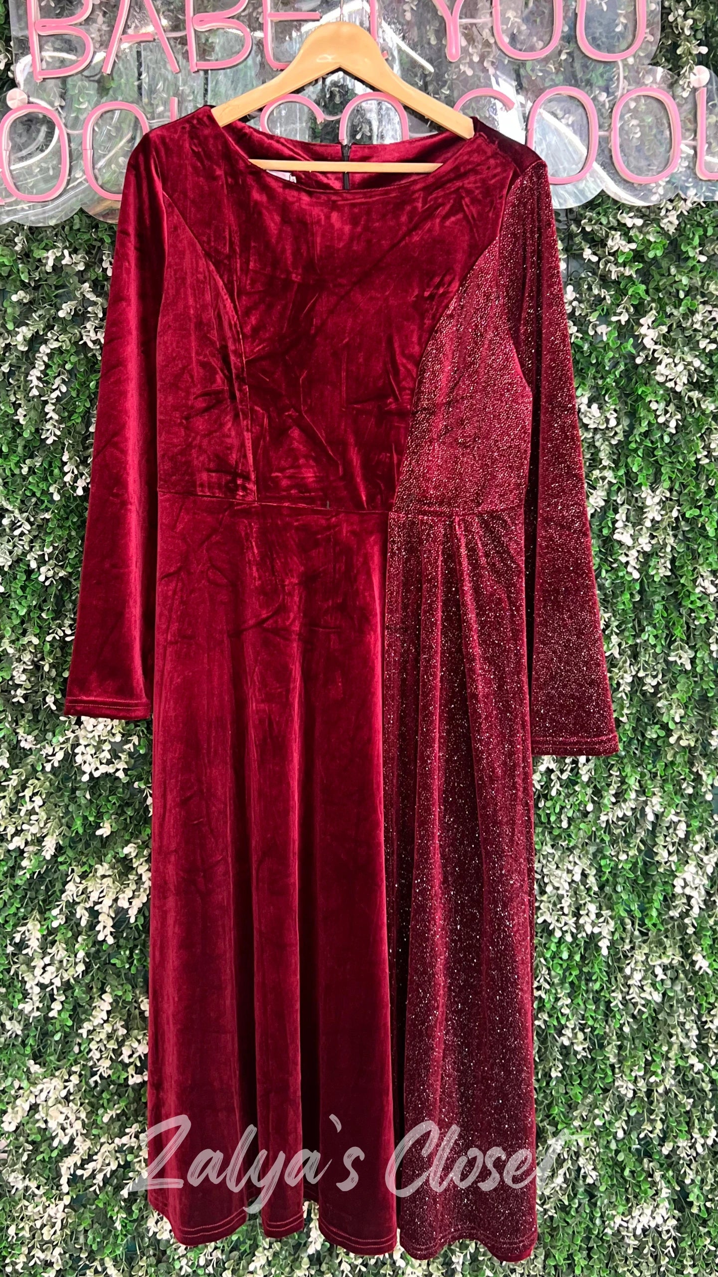 Half Shimmer Velvet Imported Party Wear Dress With Belt