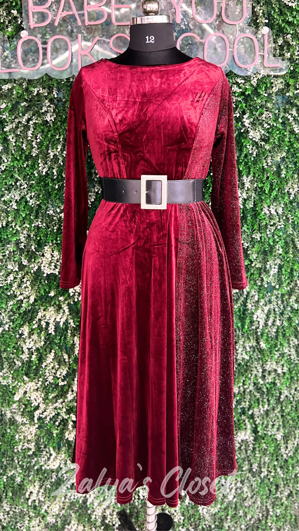 Half Shimmer Velvet Imported Party Wear Dress With Belt