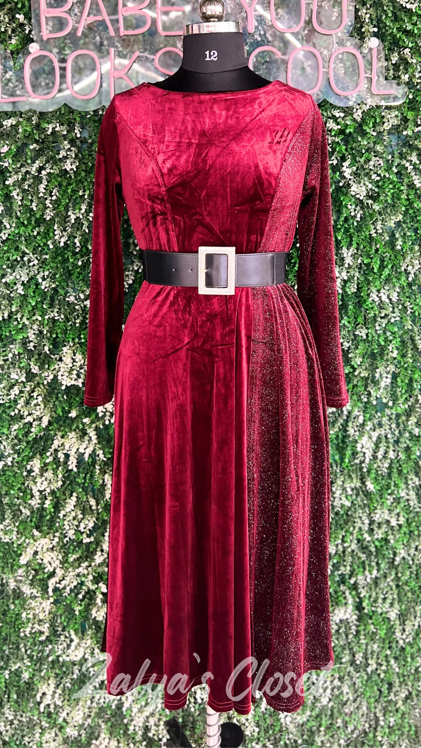 Half Shimmer Velvet Imported Party Wear Dress With Belt